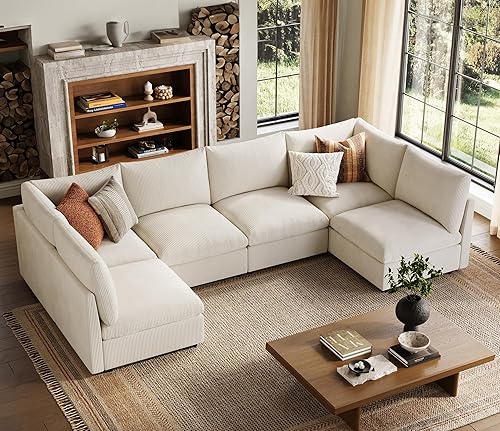 LINSY HOME Sofá modular Cloud de gran tamaño con otomana de almacenamiento asientos extra profundos de pana para sala de estar, cómodo sofá modular