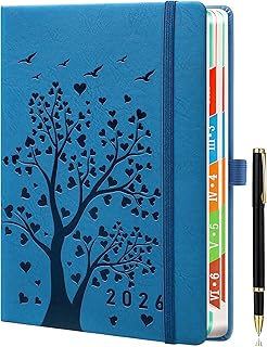 Agenda 2026 A5, página por día, planificador diario y mensual con pestañas coloridas, soporte elástico para bolígrafo, lazo y bolsillo interior, color azul claro.