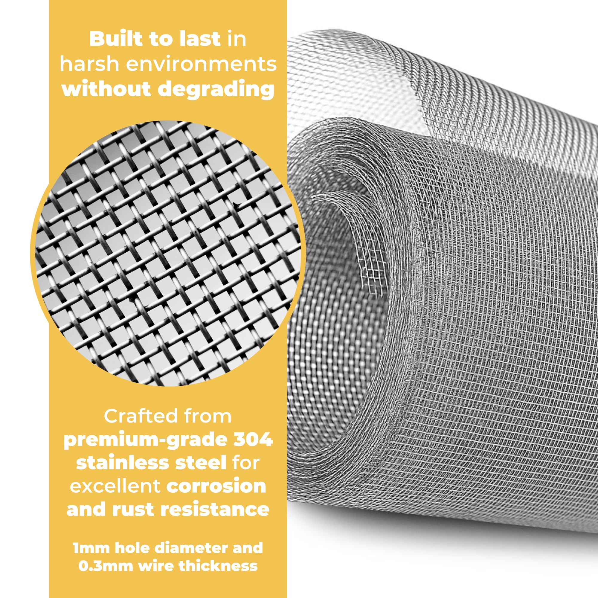 BLOSTM 304 Edelstahl-Drahtgitter-Rolle – 30 cm x 5 m, rostfreies feines Metallgitter zum Abdecken von Lüftungsschlitzen, Ziegeln, Fenstern – blockiert Nagetiere, Insekten, Mäuse, Schädlinge vom