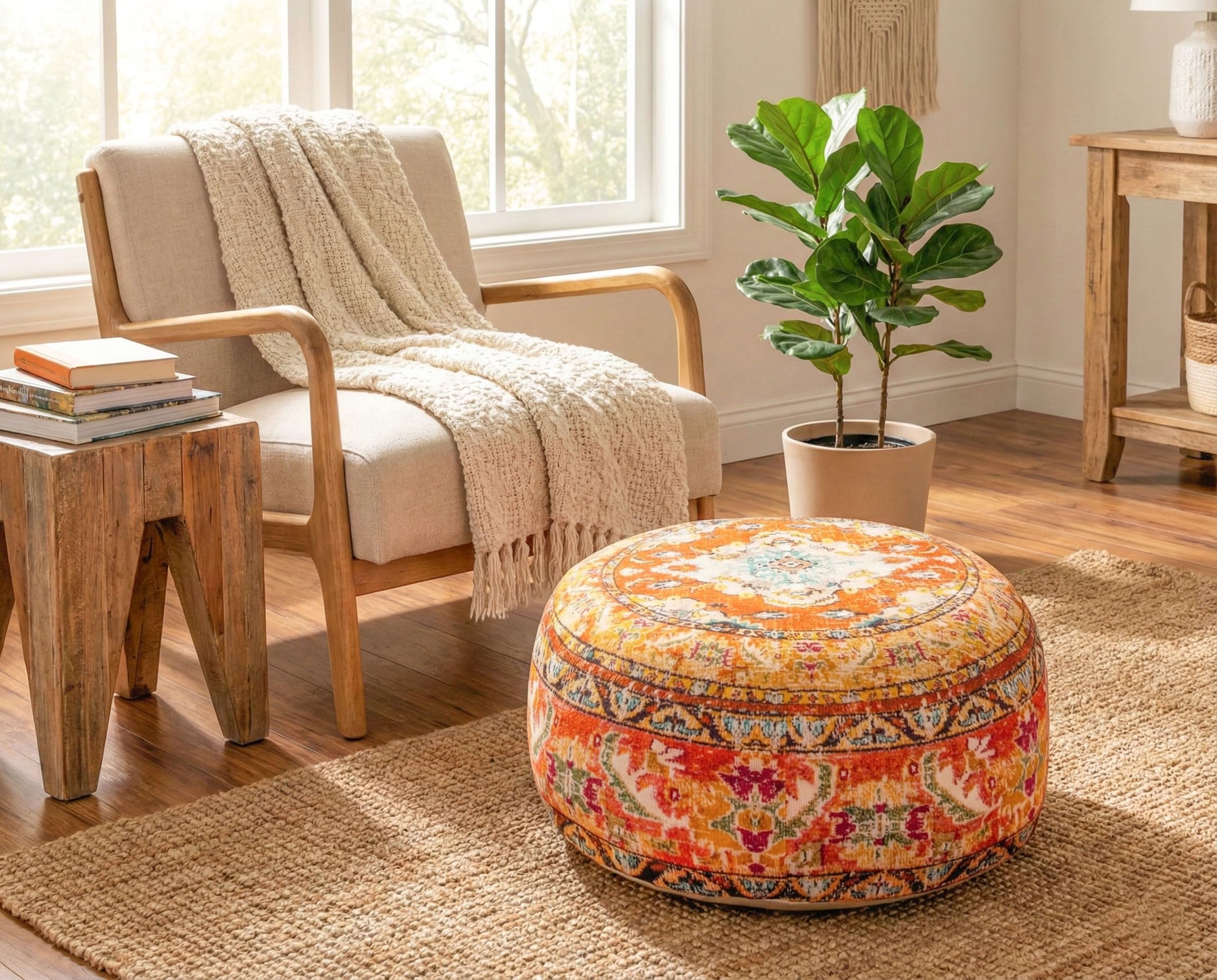 Mandala Life ART Funda de cojín de Piso Bohemian Rug - Redonda 60x20 cm - Puf de decoración de habitación Artesanal de Lujo para meditación, Yoga y Boho Chic Funda de Almohada de Piso para Asientos