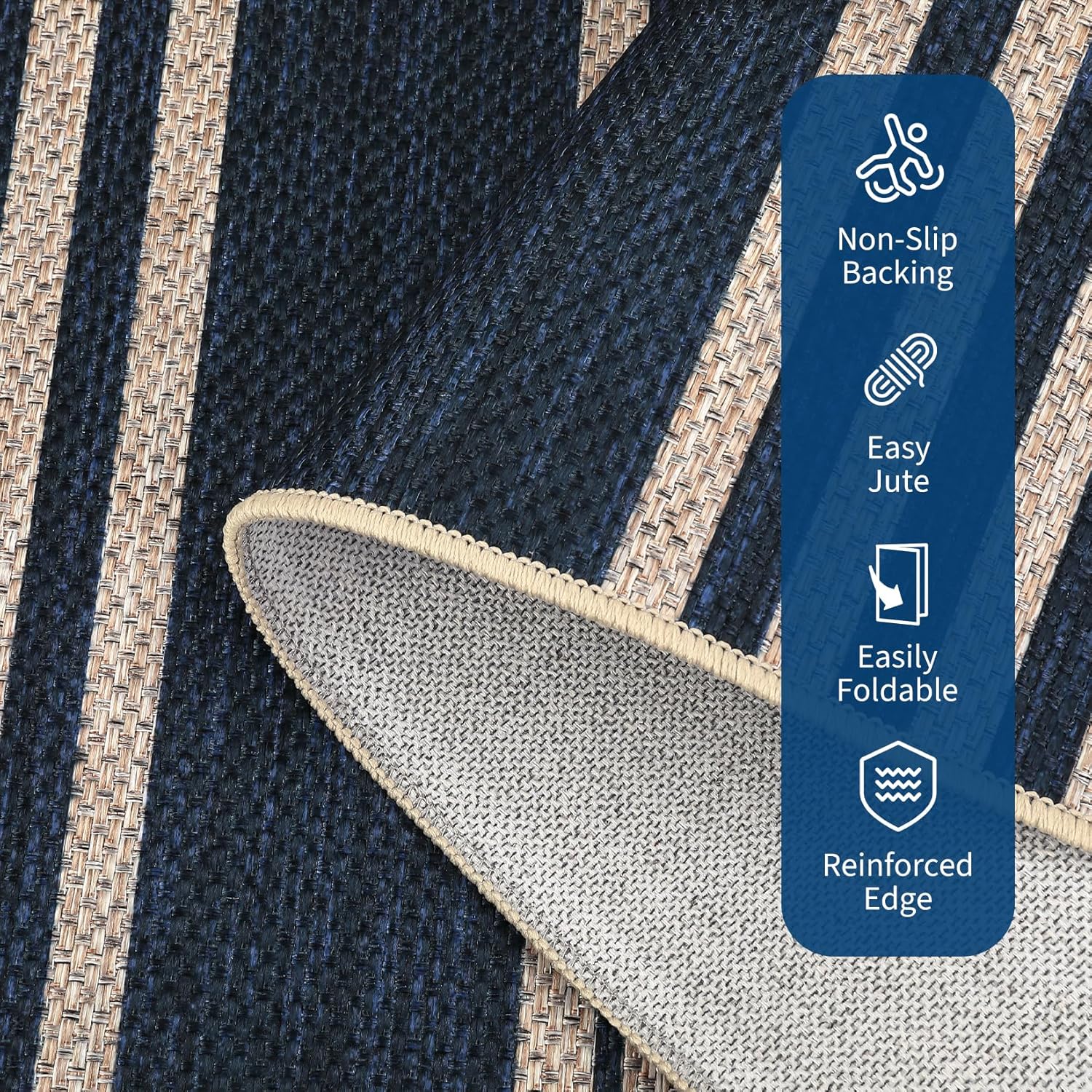 COZYLOOM 5x7 Indoor Outdoor Rugs Machine Washable Area Rugs for Living Room Non Slip Non Shedding Striped Easy Jute Rug Stain Resistant Geometric Carpet for Bedroom, RV, Patio, Navy Blue