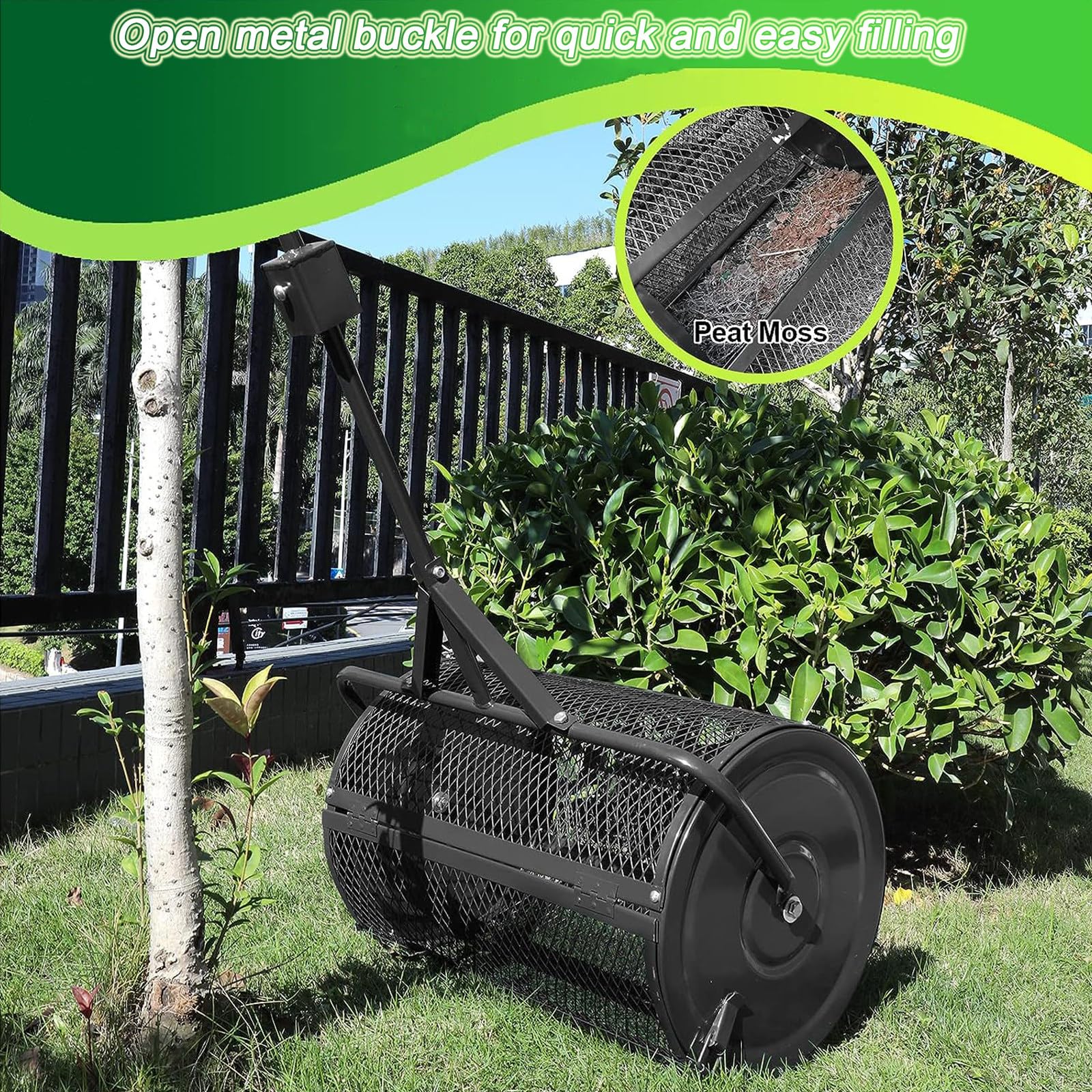 24 Calowy Rozrzutnik Kompostu, Rozrzutnik Rolkowy Mchu Torfowego, Nawóz do Trawników Ogrodowych, Rozsiewacz Nasion z Metalowym Koszem,Black-40 * 60cm