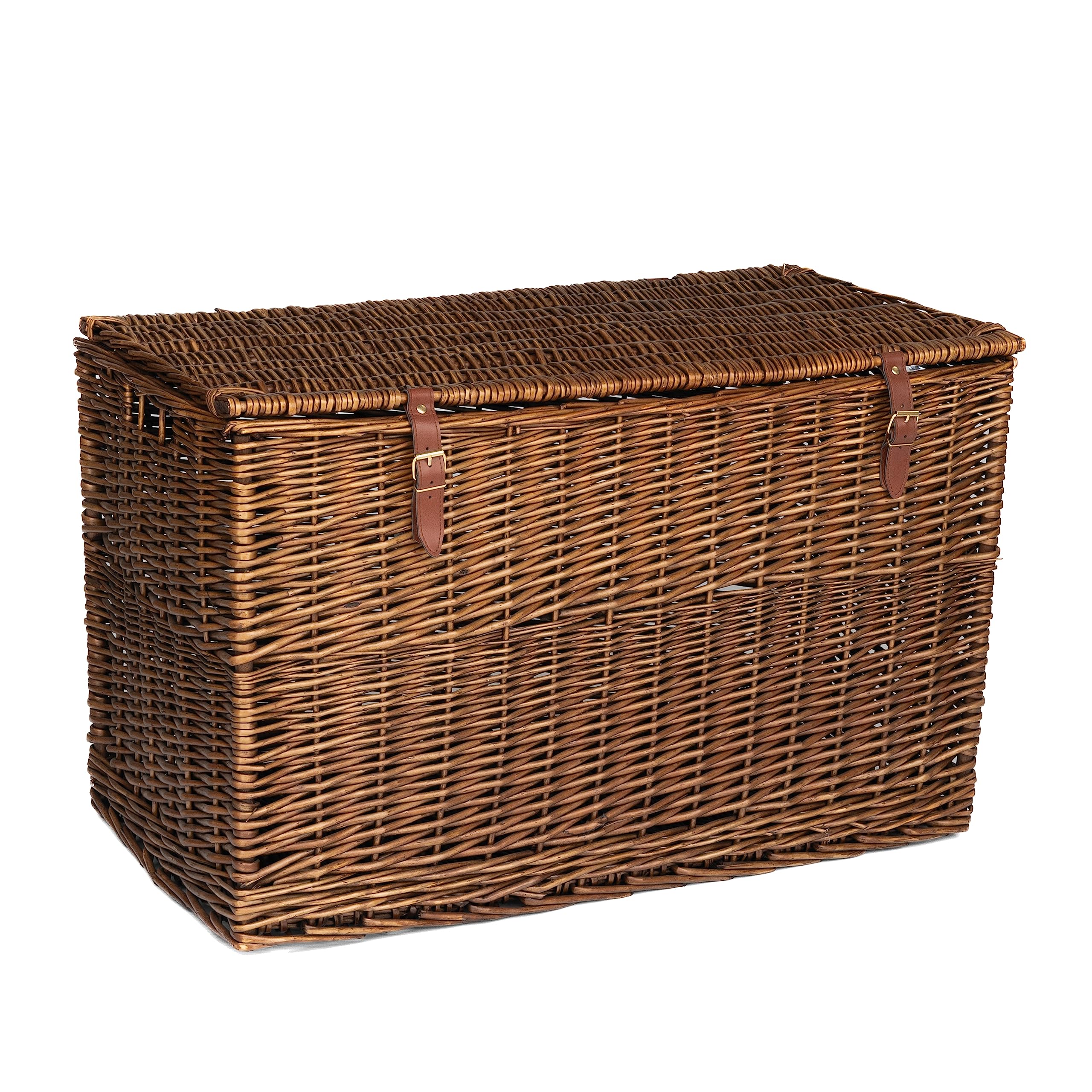 Arthur Cameron - Lightweight Wicker Storage Trunk, Storage Box with Lid & Leather Straps - Woven Chest, Basket, Large Wicker Basket with Lid (Distilled Brown, Medium)