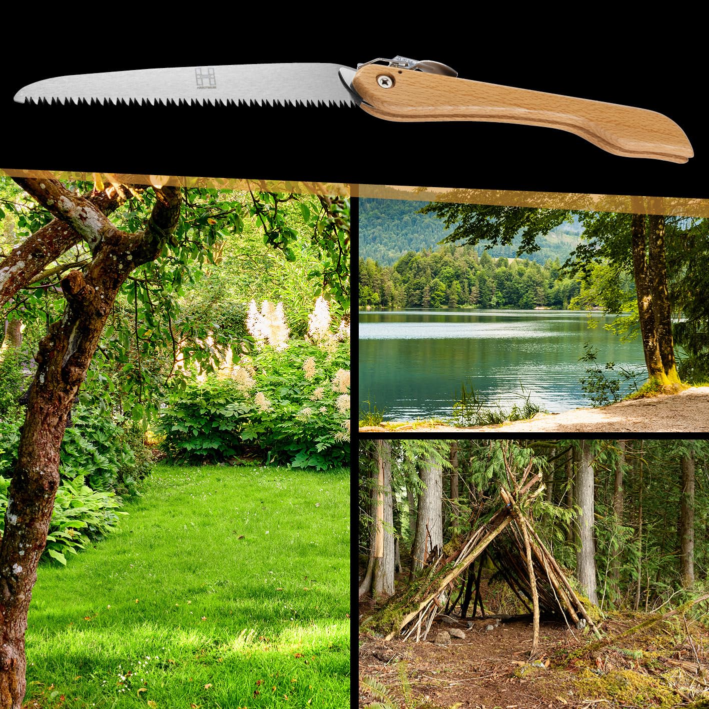 HARDTWERK Scie pliante Alpha avec manche en bambou (210 mm) pour jardin, extérieur, Bushcraft avec mousqueton en S, scie à main en acier au carbone SK5, scie à main pliante polyvalente, scie à main de