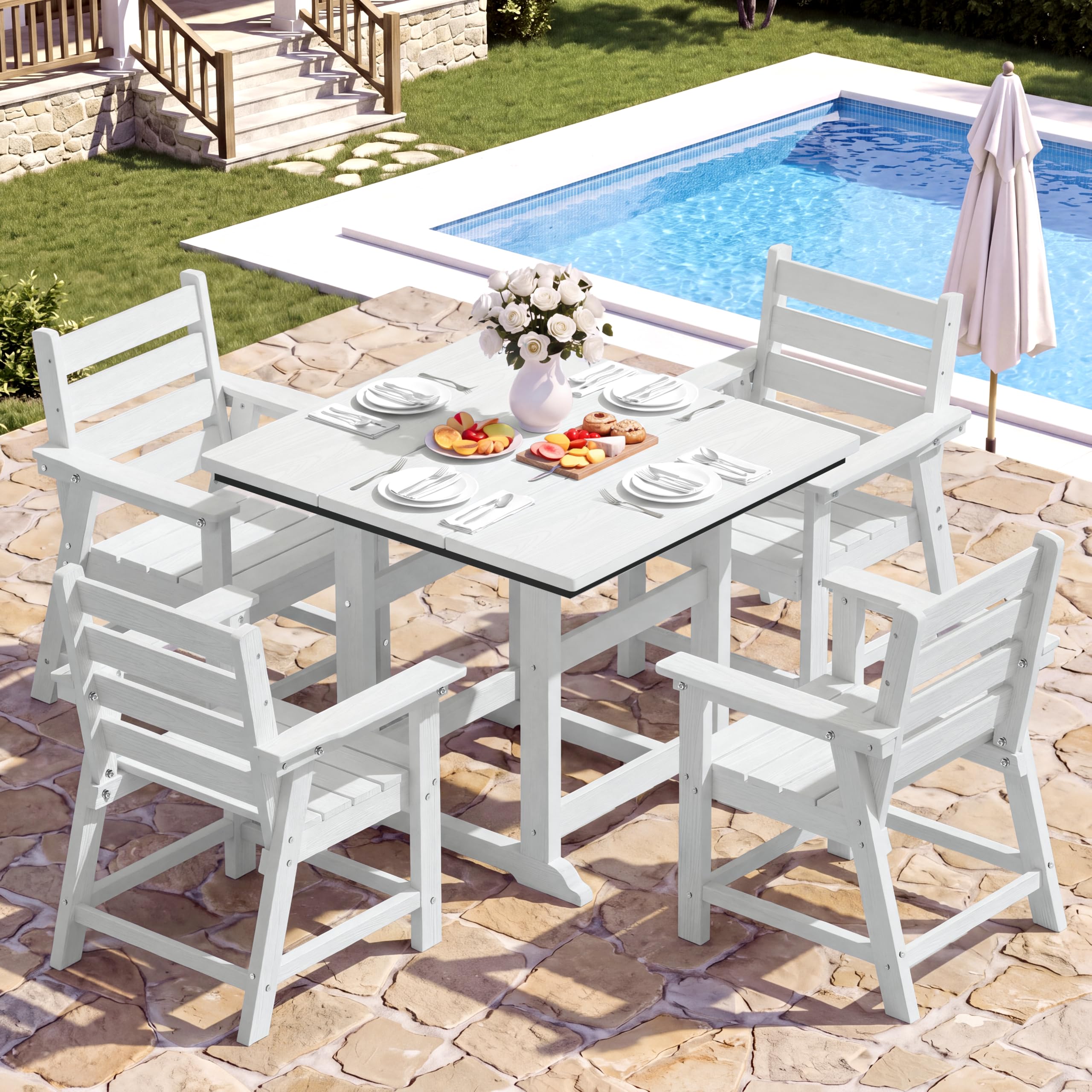 HDPE Outdoor Dining Set, Patio Dining Set of 5, White