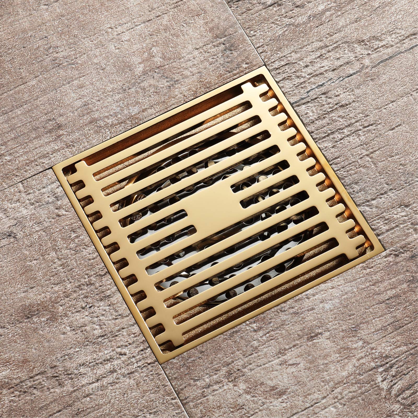Scarico per Doccia Color Oro Champagne, Scarico per Doccia in Ottone, Scarico per Doccia Quadrato a Grande Portata con griglia di Copertura Rimovibile per WC da Bagno