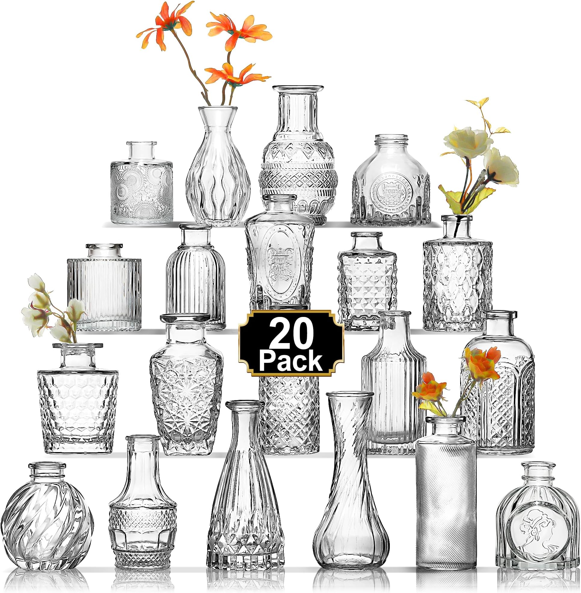 Arme 20 Pcs Bud Vase Set, Mini Vases for Flowers, Small Vintage Glass Vase for Centerpieces, Cute Clear Bud Vases for Home Flower Wedding Decorations