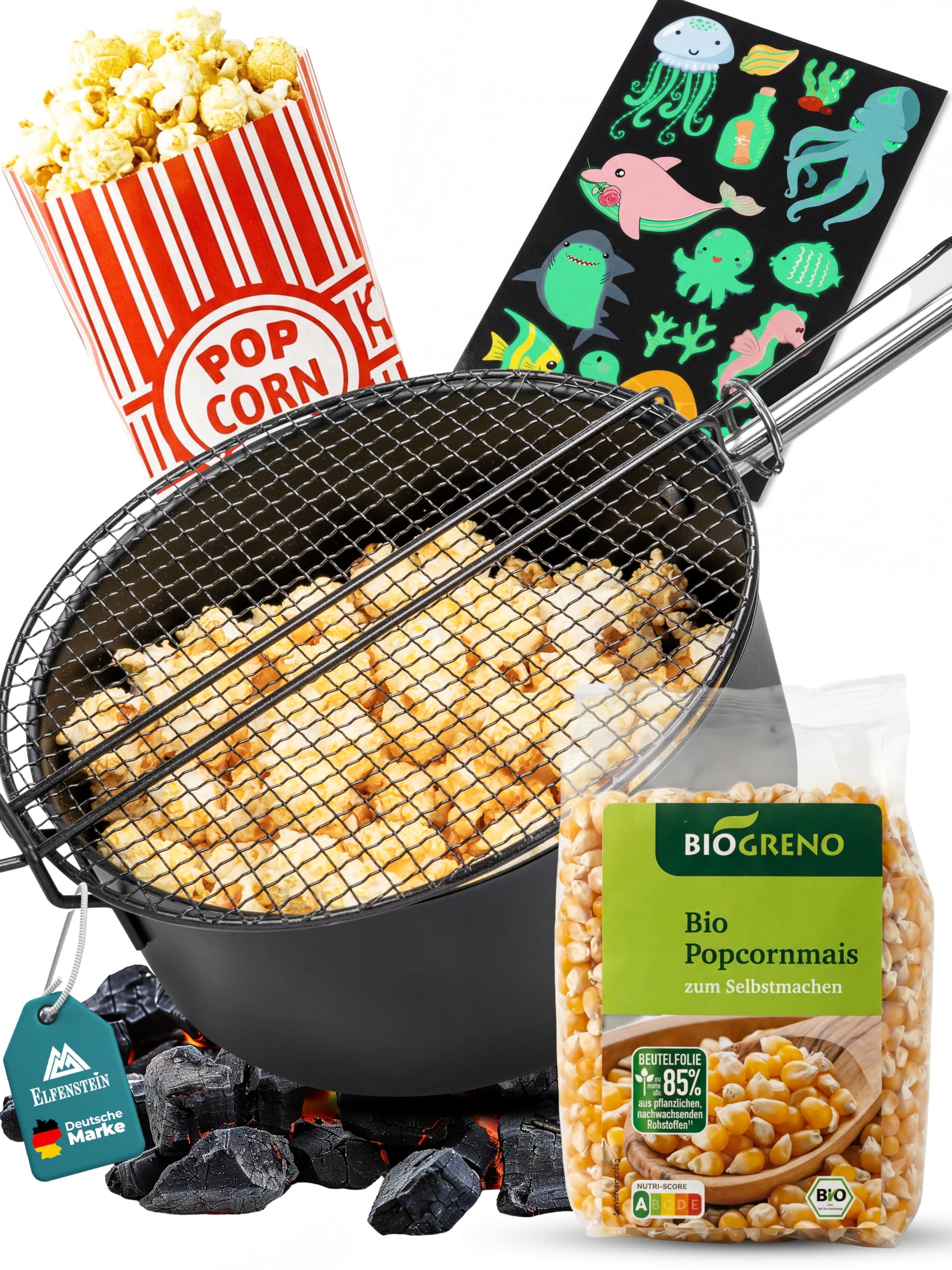 ELFENSTEIN Popcorn Maker Falò – con mais popcorn popcorn e tatuaggi luminosi – popcorn makers in acciaio al carbonio per falò, barbecue e braciere – padella popcorn per esterni