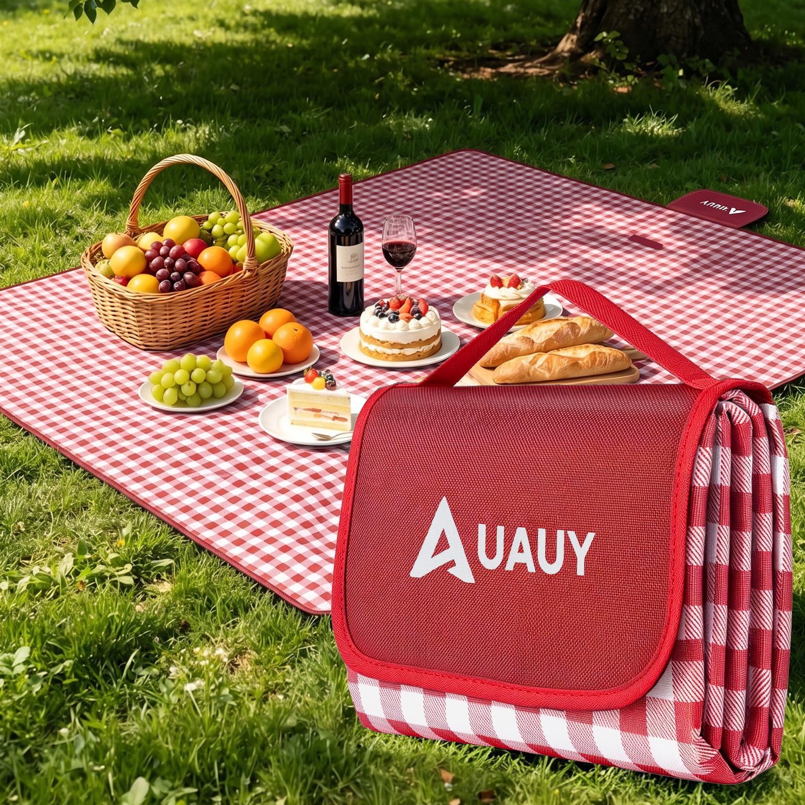 AUAUY Picnic Blanket, Waterproof Beach Rug, 200 x 150cm Red Grid