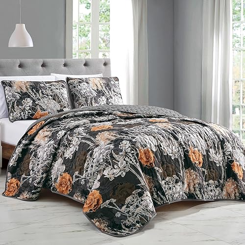 ESCA Juego de colcha reversible de 3 piezas con estampado de flores vintage negro y naranja Helbah con 2 fundas de almohada, tamaño Queen, acolchado