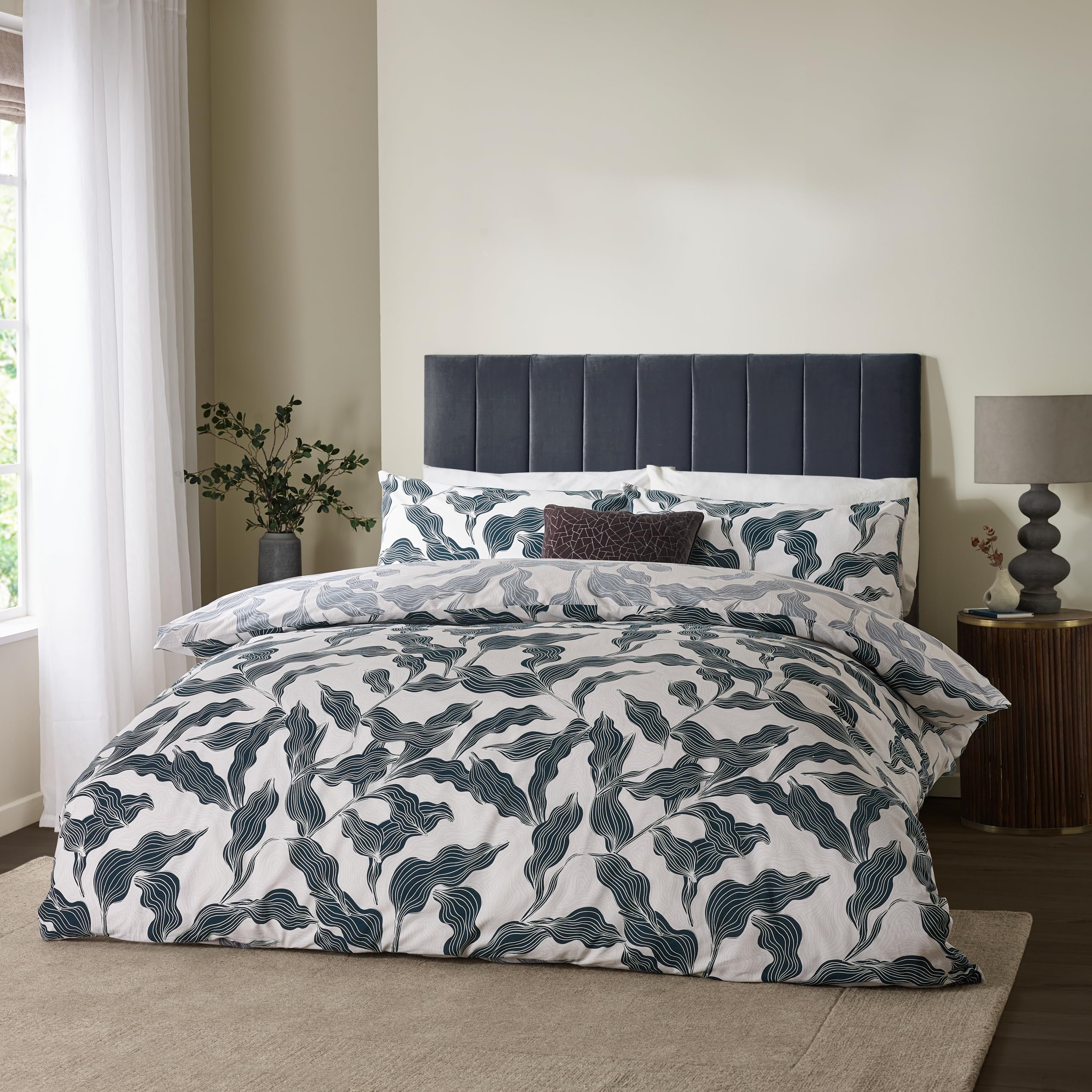 Hoem Double Duvet Set - Cotton - Blue - Linear Leaf Print