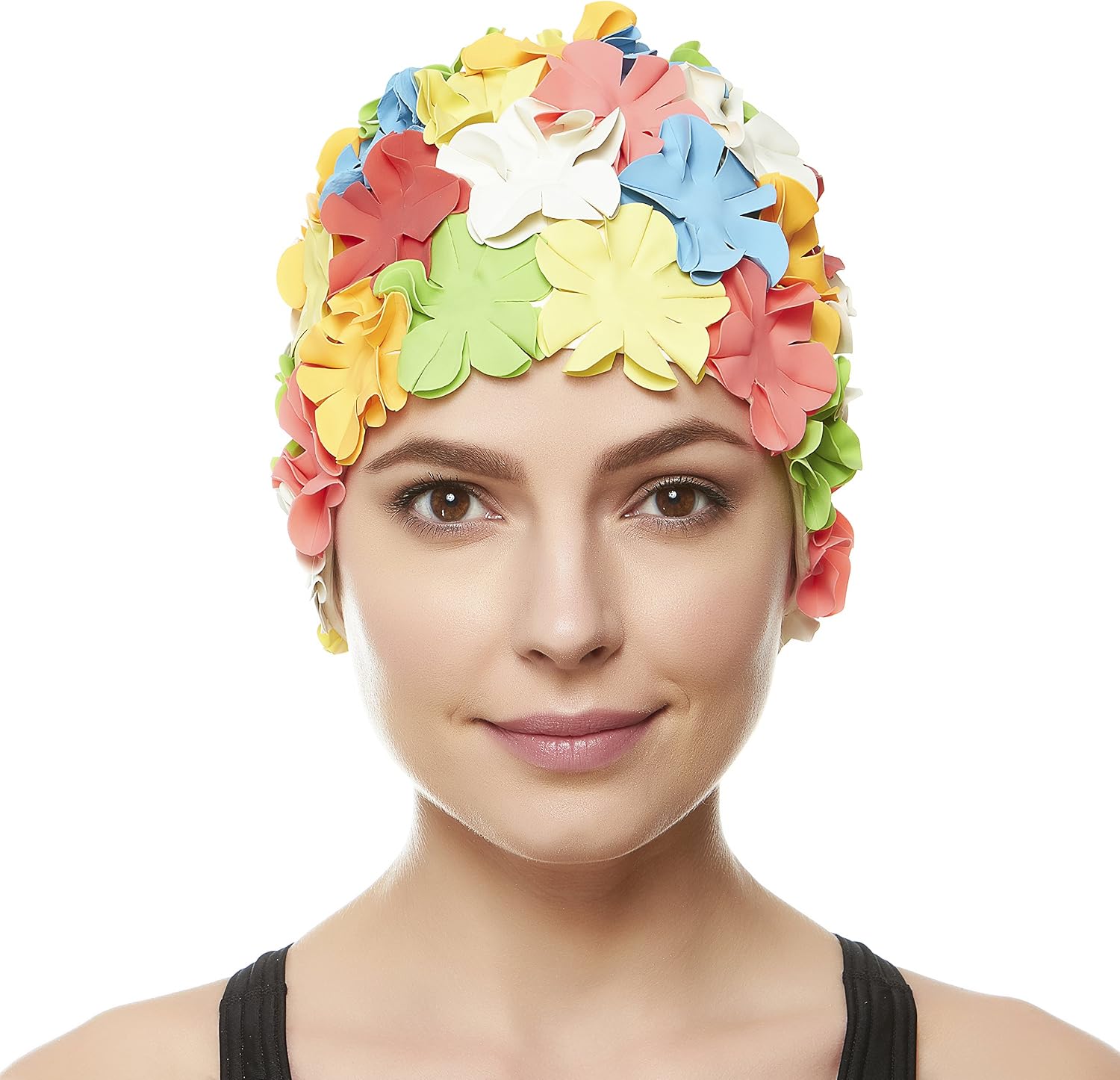 Beemo Floral Petal Swim Cap for Women - Retro Latex Bathing Cap for Long & Short Hair, Vintage Flower Swim Hat with Ear Protection for Pool, Beach & Water Aerobics