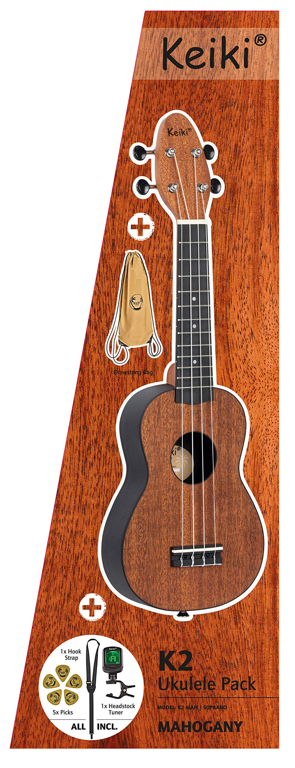 Ortega Guitars Akustyczne Ukulele Sopranowe – Seria Keiki K2 – w Zestawie z Akcesoriami – Mahoń/ABS, Wykończenie Naturalne (K2-MAH)