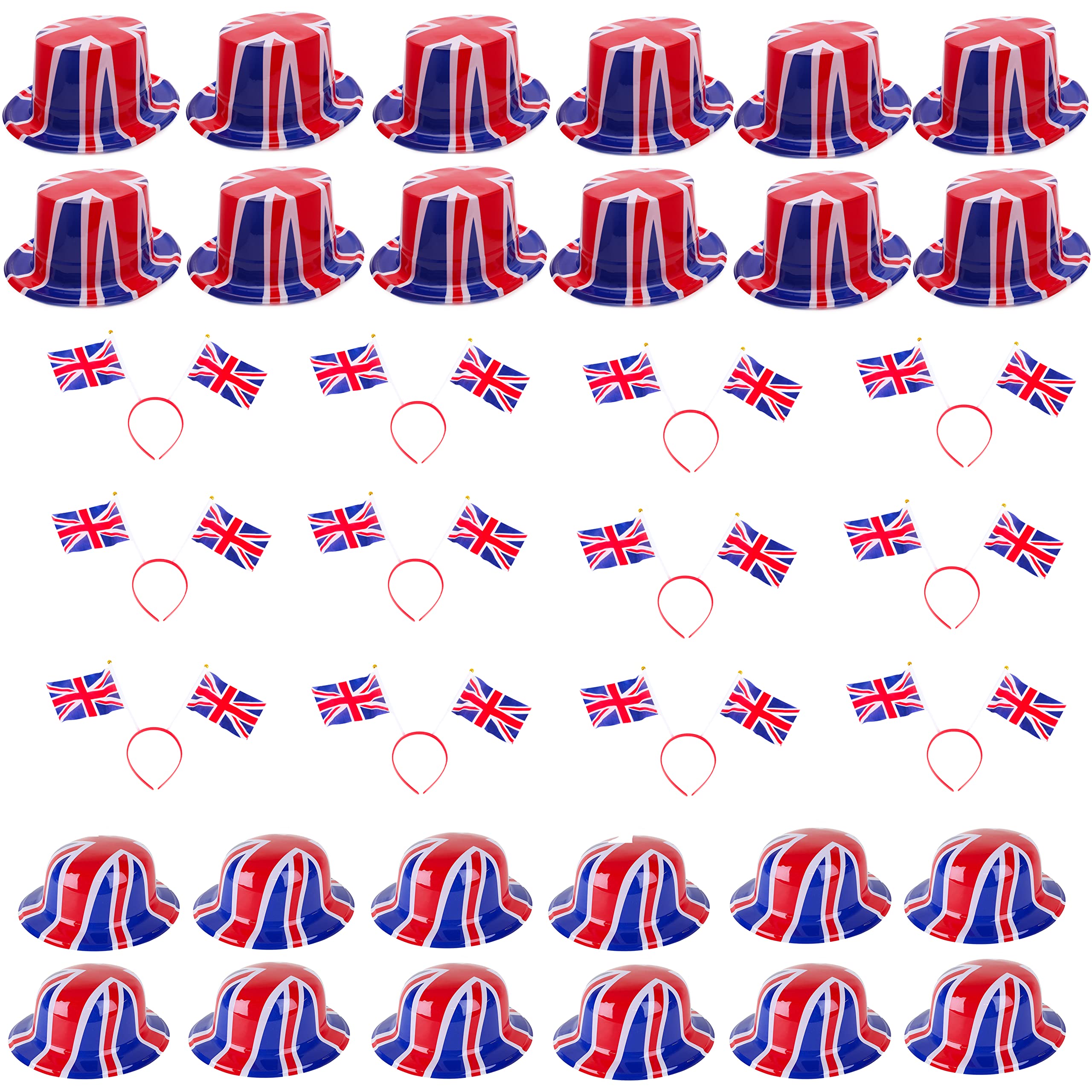 Toyland® 36 Piece Union Jack Party Wear Bundle - 12 Bowler Hats, 12 Top Hats & 12 Headbands - British Fancy Dress
