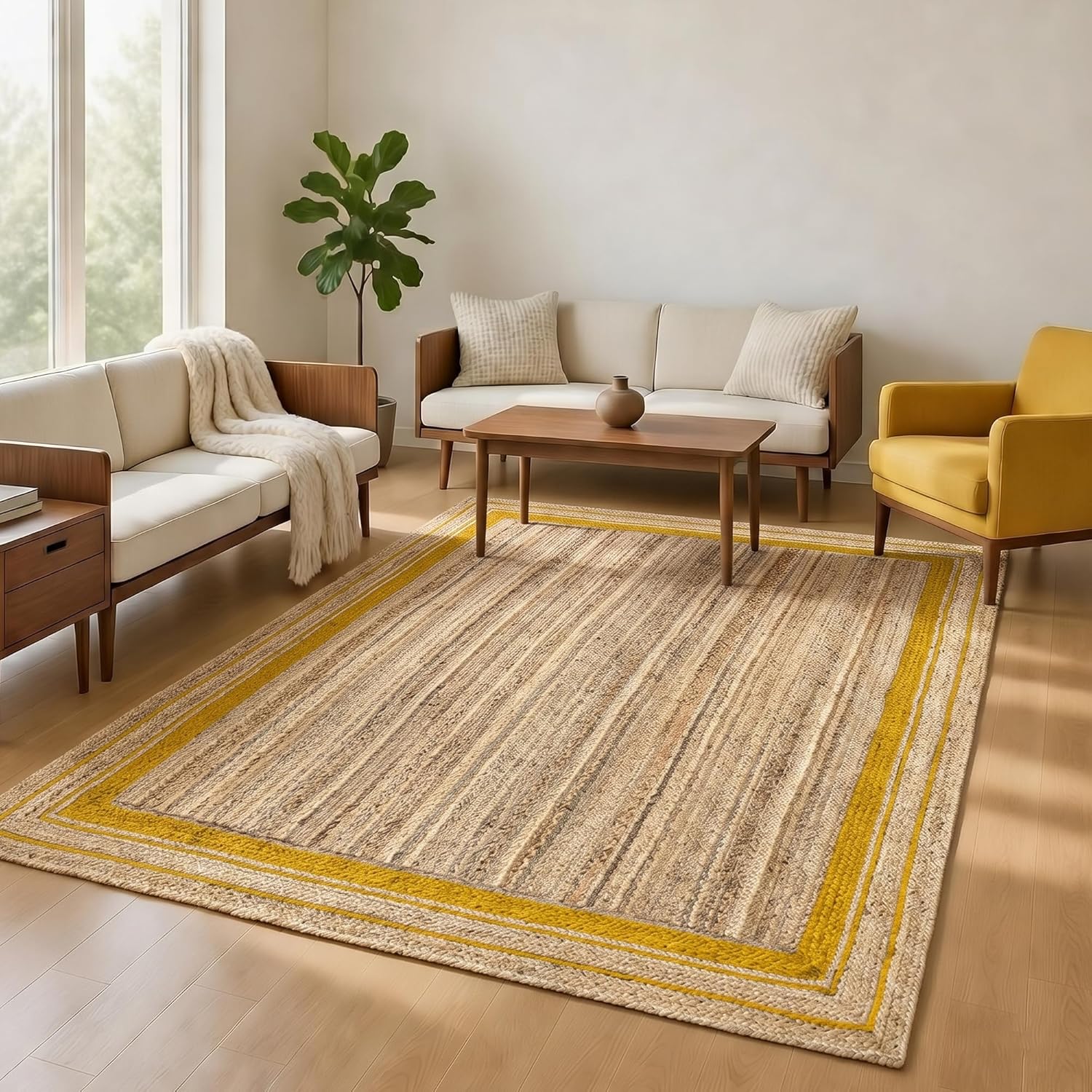 Area Jute Rug for Living Room 12x15 Hand Braided Boho Rug Thick 0.27" Geometric Yellow Rikki-Border Rugs for Farmhouse Design, Bedroom, Dining Area, Home Decor Carpet