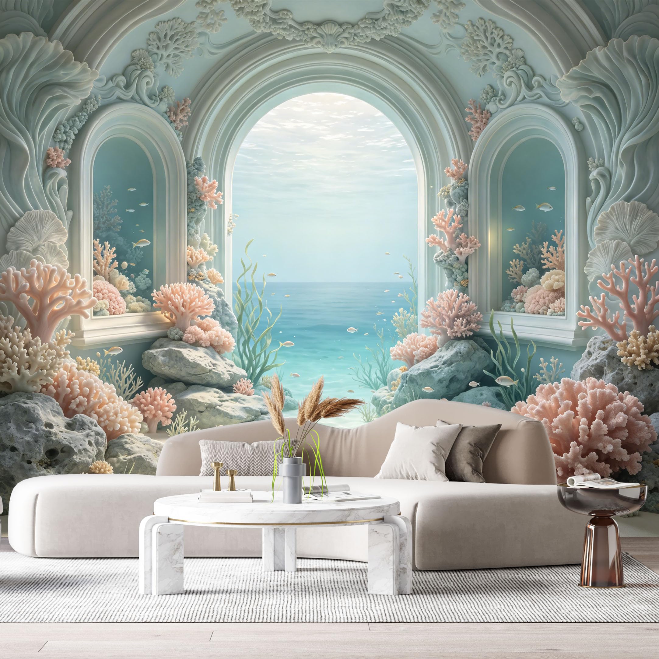 Custom Size Wall Murals Ocean Marine Coral Reef Archway 3D Trompe L'Oeil SelfAdhesiveWall Fabric Removable Wallpaper Wall Decor for Living Room Bedroom Bathroom