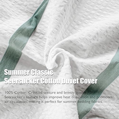 Miniatura 3 de SINGINGLORY Juego de funda de edredón de algodón tamaño King, 100% algodón lavado, 3 piezas, color blanco con rayas verdes, con cierre de botón y