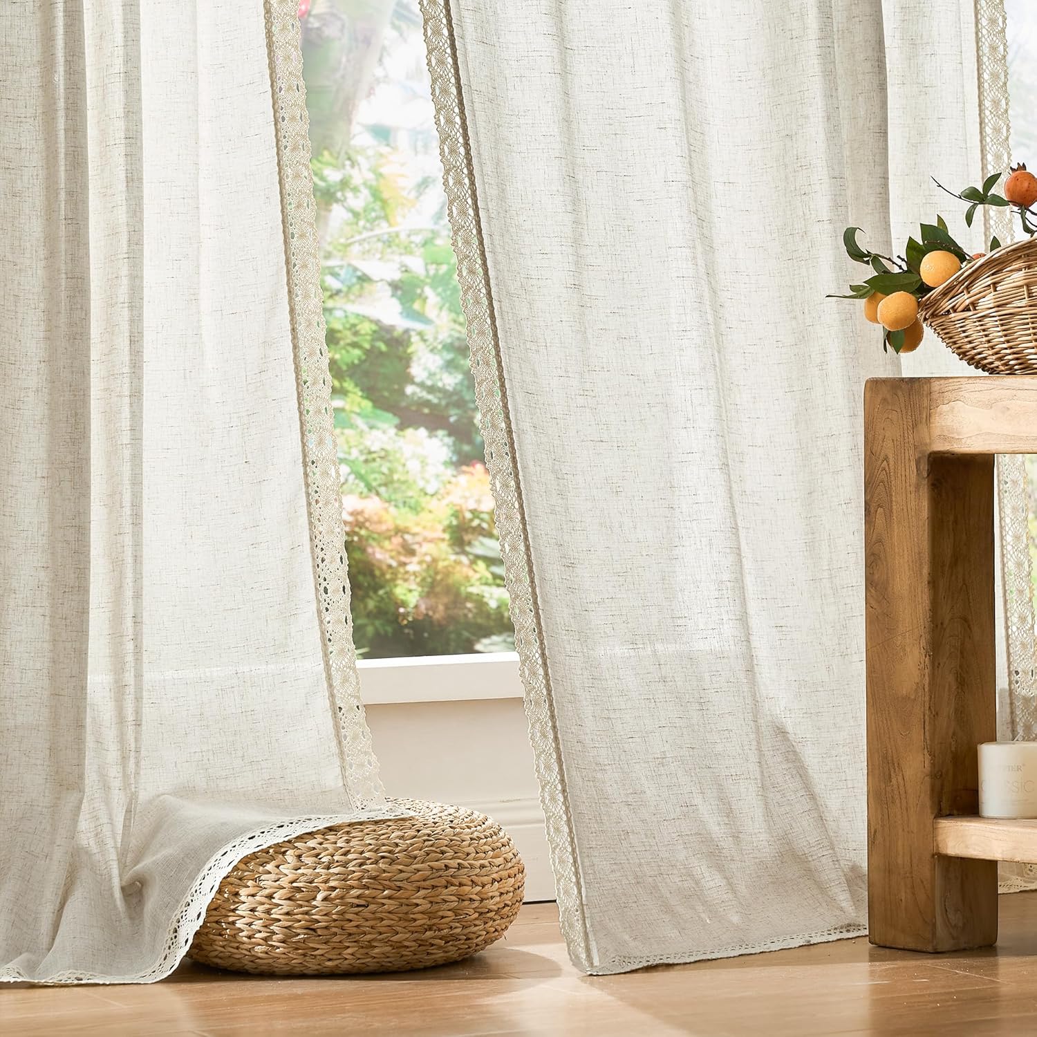 jinchan Linen Curtains for Living Room Bedroom Light Filtering Semi Sheer Curtains Boho Farmhouse French Country Cottage Core Decor Window Drapes Back Tab 84 Inch Length Laced Beige