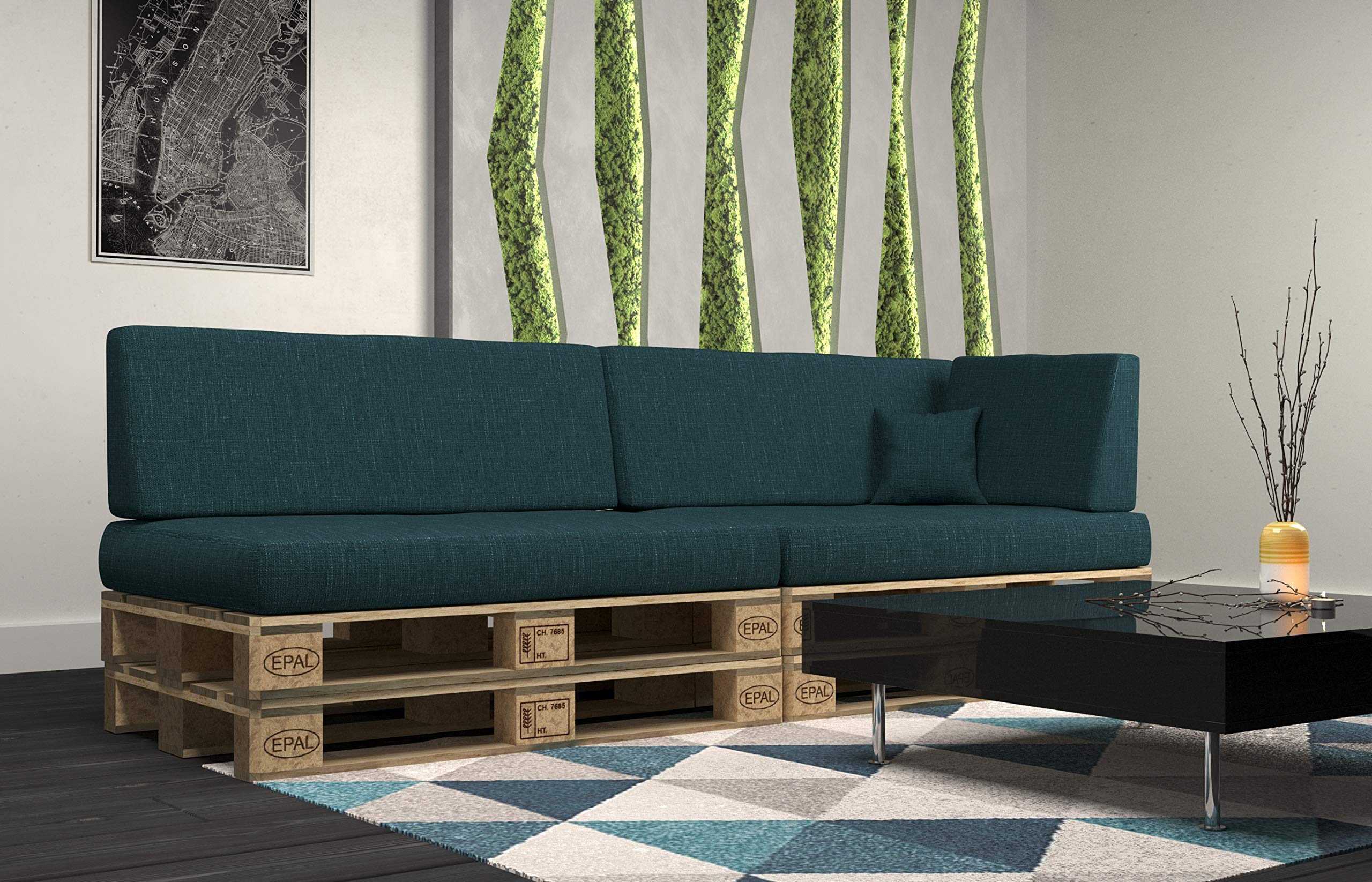 POKAR Set di Cuscini per Europallet da 6 pezzi: 2x Sedile 120x80cm +2x Schienale 120x40cm +1x Schienale (laterale) 60x40cm +1x decorativo 40x40cm, per Divano da Giardino, senza Pallet, verde scuro