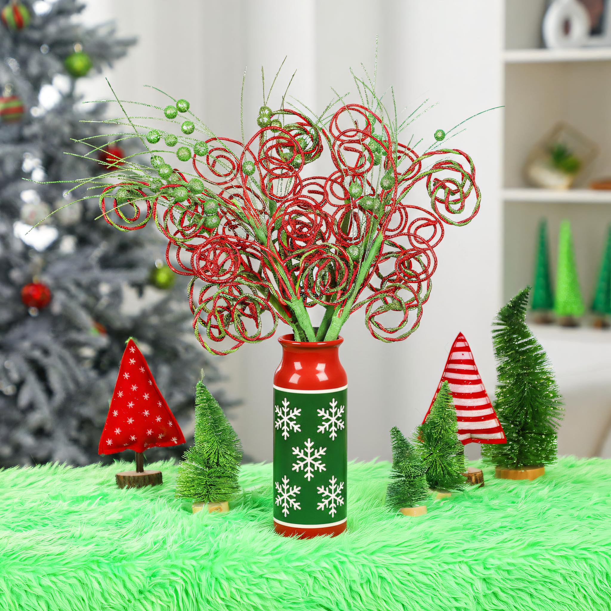Gejoy Lot de 9 pics pour sapin de Noël - 40,6 cm - Vert citron et rouge pailleté - Décorations de bonbons artificiels pour décoration de sapin de Noël, vase, vacances (torsadé)