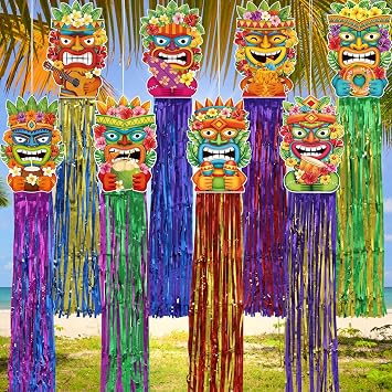 8 Pcs Hawaiian Luau Party Decorations Tiki Totem Hanging Decor with Tassels for Aloha Beach Tropical Birthday Party Supplies Favors 3.1 ft Summer Outdoor Door Banner Sign Garland Tiki Bar Backdrop