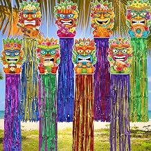 8 Pcs Hawaiian Luau Party Decorations Tiki Totem Hanging Decor with Tassels for Aloha Beach Tropical Birthday Party Supplies Favors 3.1 ft Summer Outdoor Door Banner Sign Garland Tiki Bar Backdrop