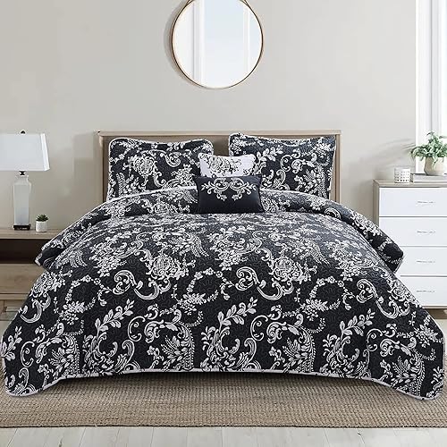 Miniatura 10 de HESTIN Colcha reversible de 7 piezas, tamaño King, de 102 x 90 pulgadas, colcha acolchada a juego, cortinas filtrantes de luz con diseño floral,