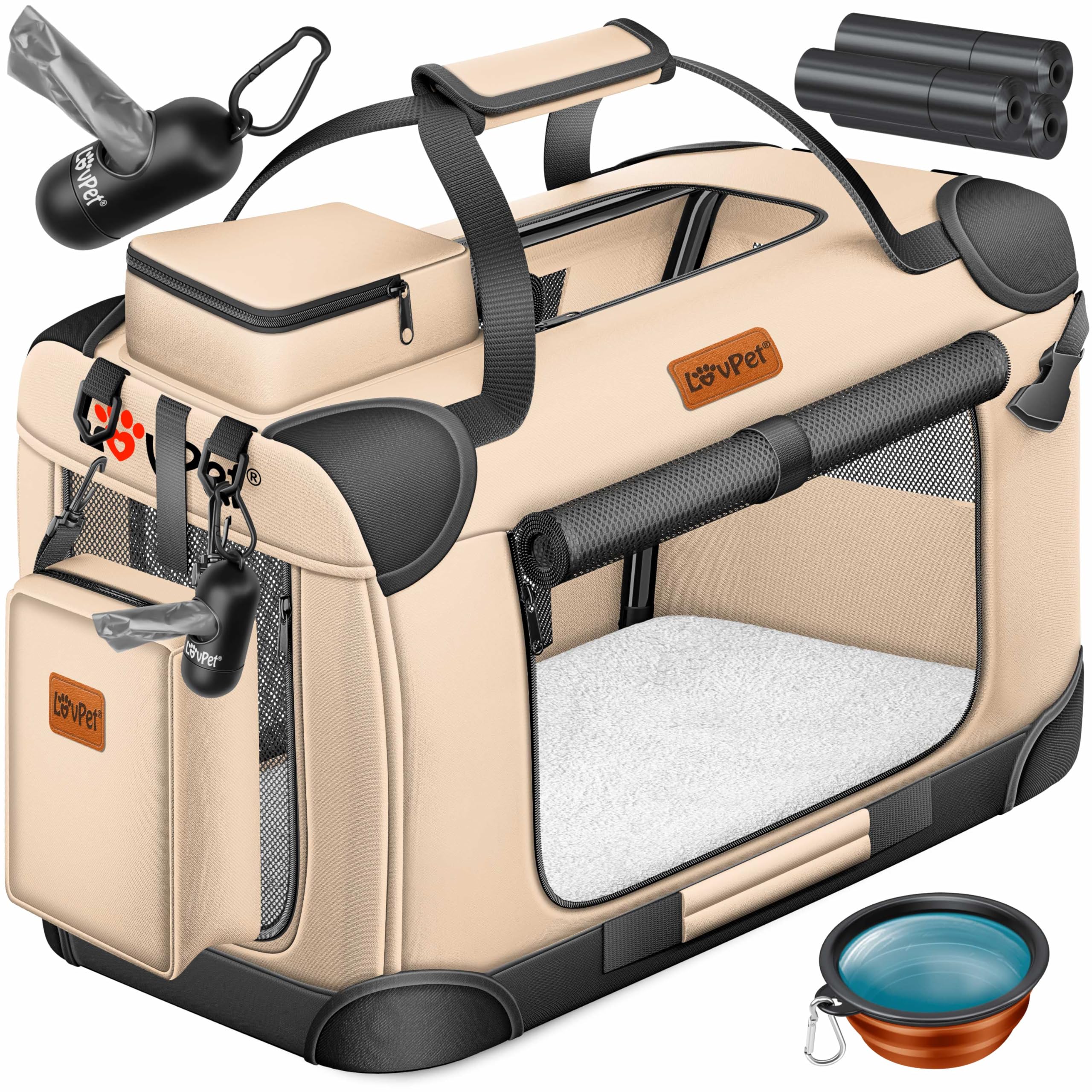 Lovpet® Transportbox voor honden en katten, transporttas, L 102 x 69 x 69 cm, hondendraagtas, opvouwbaar, huisdiertransportbox, inclusief hondenbak en schouderriem, kaki
