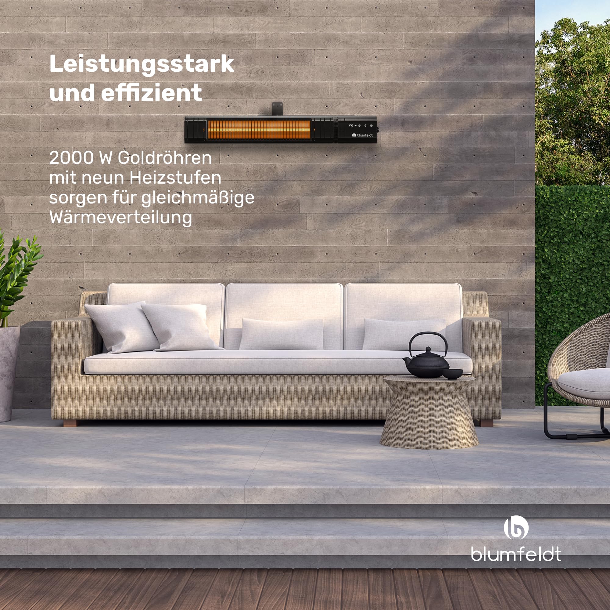 blumfeldt Infrarotheizung 2000 W – Wand & Deckenmontage, IP65 Wasserdicht, 9 Heizstufen, Smarte WLAN-Steuerung, Goldröhren, Kindersicherung, für Balkon, Terrasse & Garten