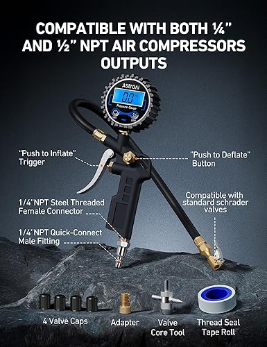 Miniatura 10 de AstroAI Medidor digital de presión de neumáticos con inflador, portabrocas de aire de 250 PSI y accesorios de compresor de alta resistencia