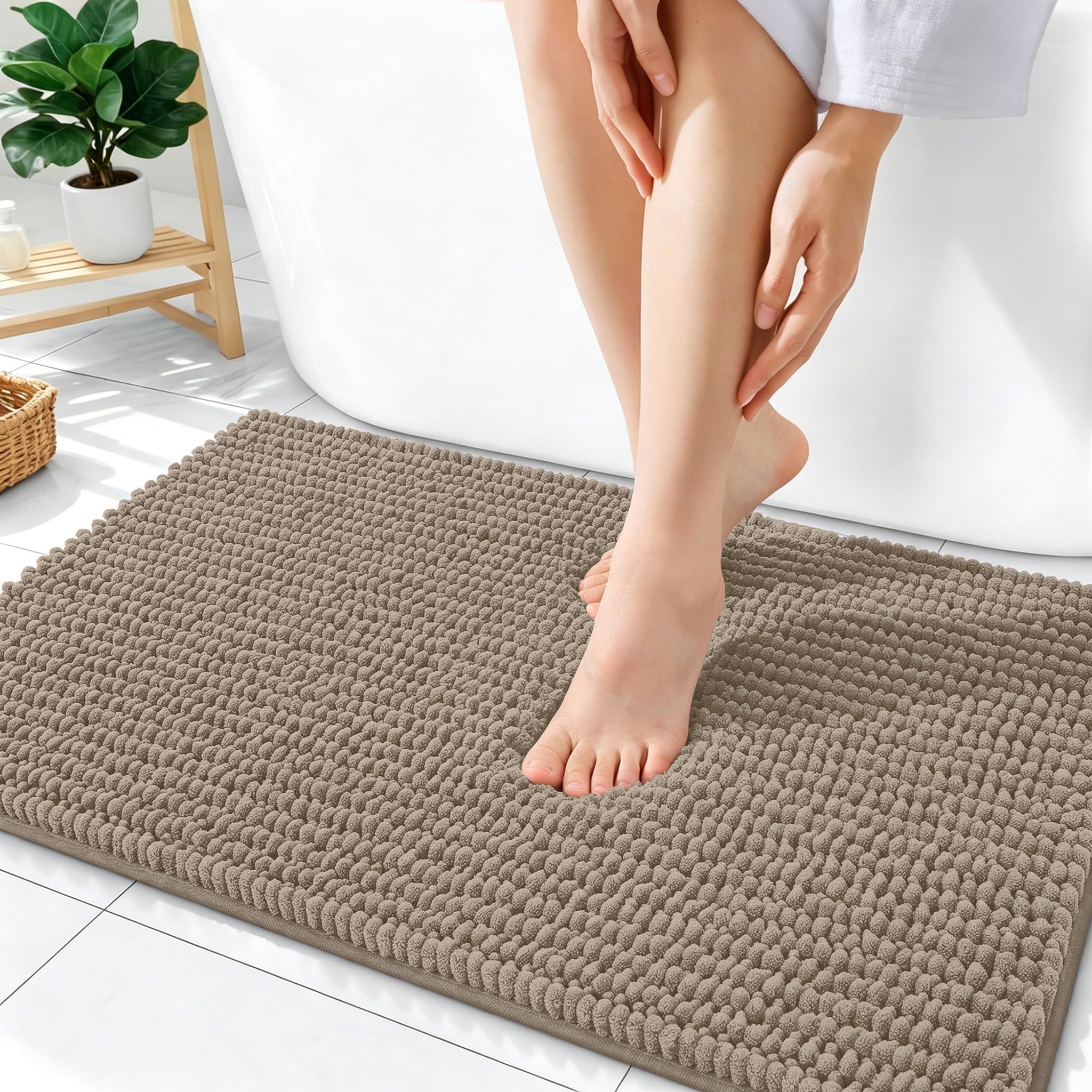 OLANLY Thick Chenille Absorbent Bathroom Rugs Mat 36x24, Warm Taupe