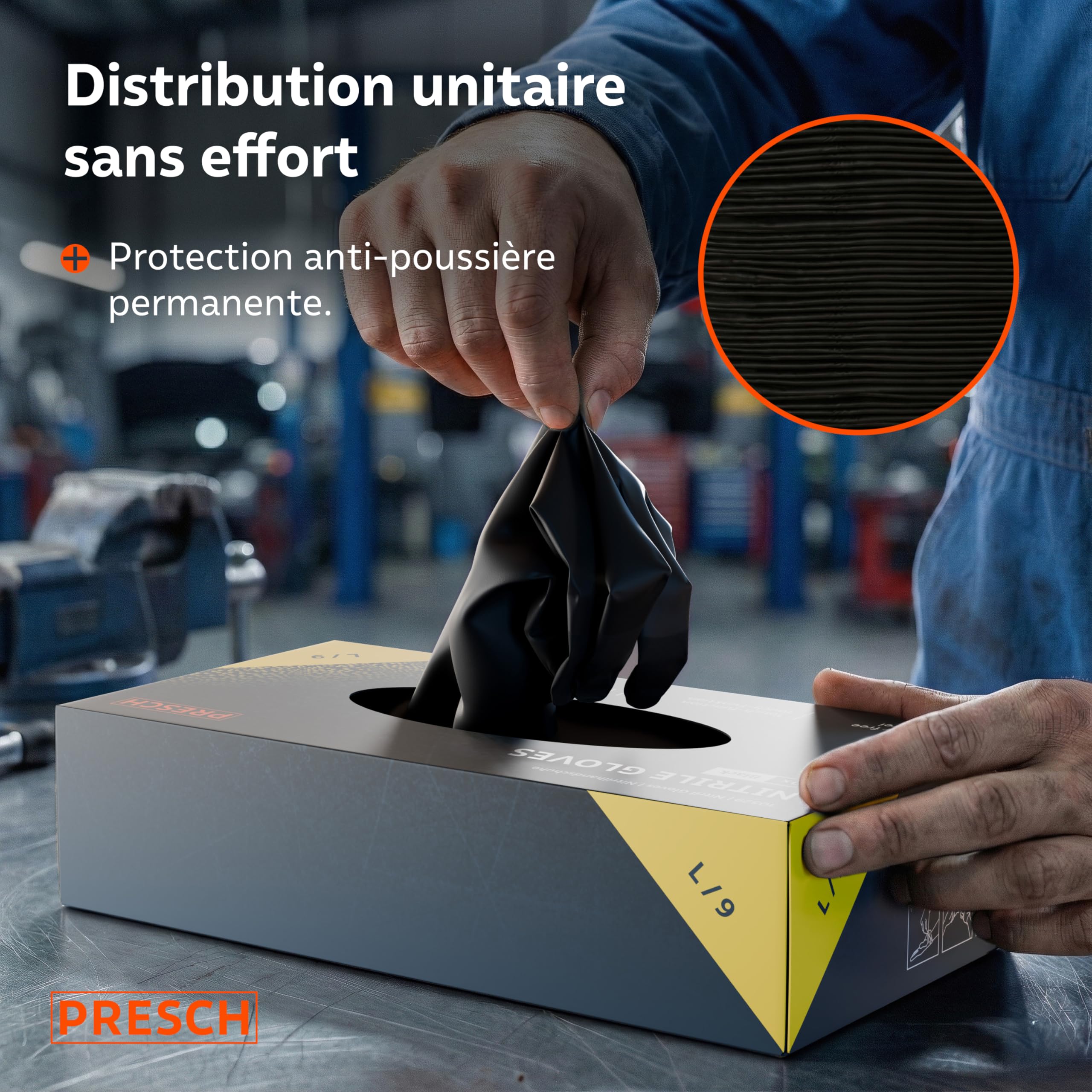 PRESCH Gants Jetables Noir 100 pc (L - 9) - Gants en nitrile avec bouts de doigts texturés - Sans latex et poudre - Résistant aux déchirures grâce à son bord roulé renforcé