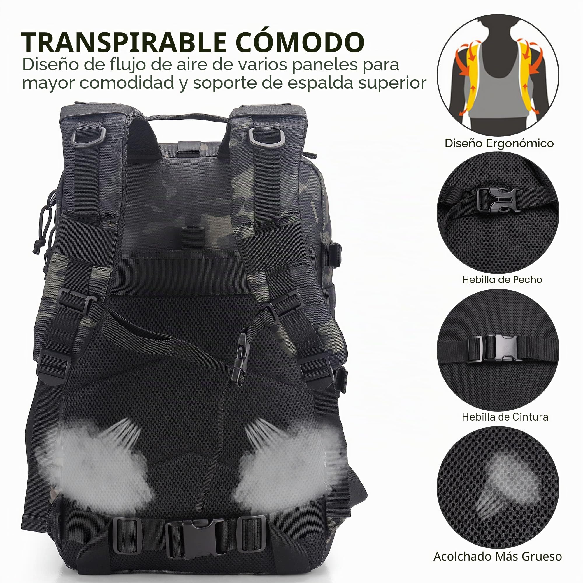 Mochila Moto Hombre, Mochila Militar Tactica 45L, Negra Impermeable Bolsa Casco Moto, Portátil Mochila Trekking para Supervivencia, Acampada