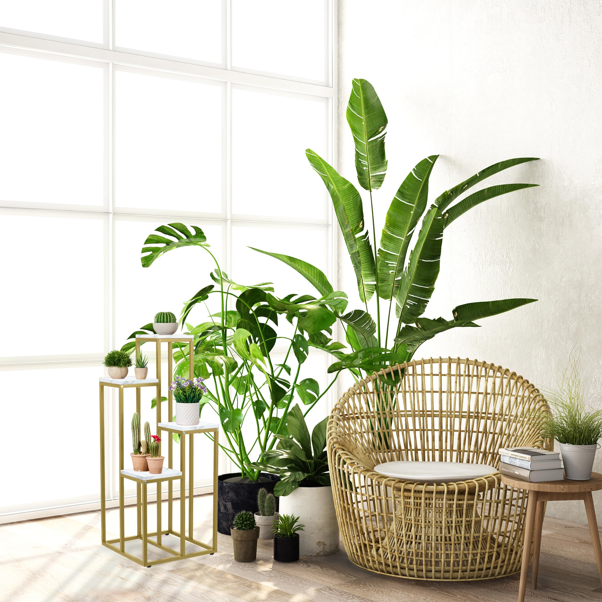 Relaxdays Stojak na kwiaty, 4 półki, wys. x szer. x gł.: 100 x 40 x 40 cm, zajmuje mało miejsca, stal i płyta MDF, designerska półka na kwiaty, złoty/biały