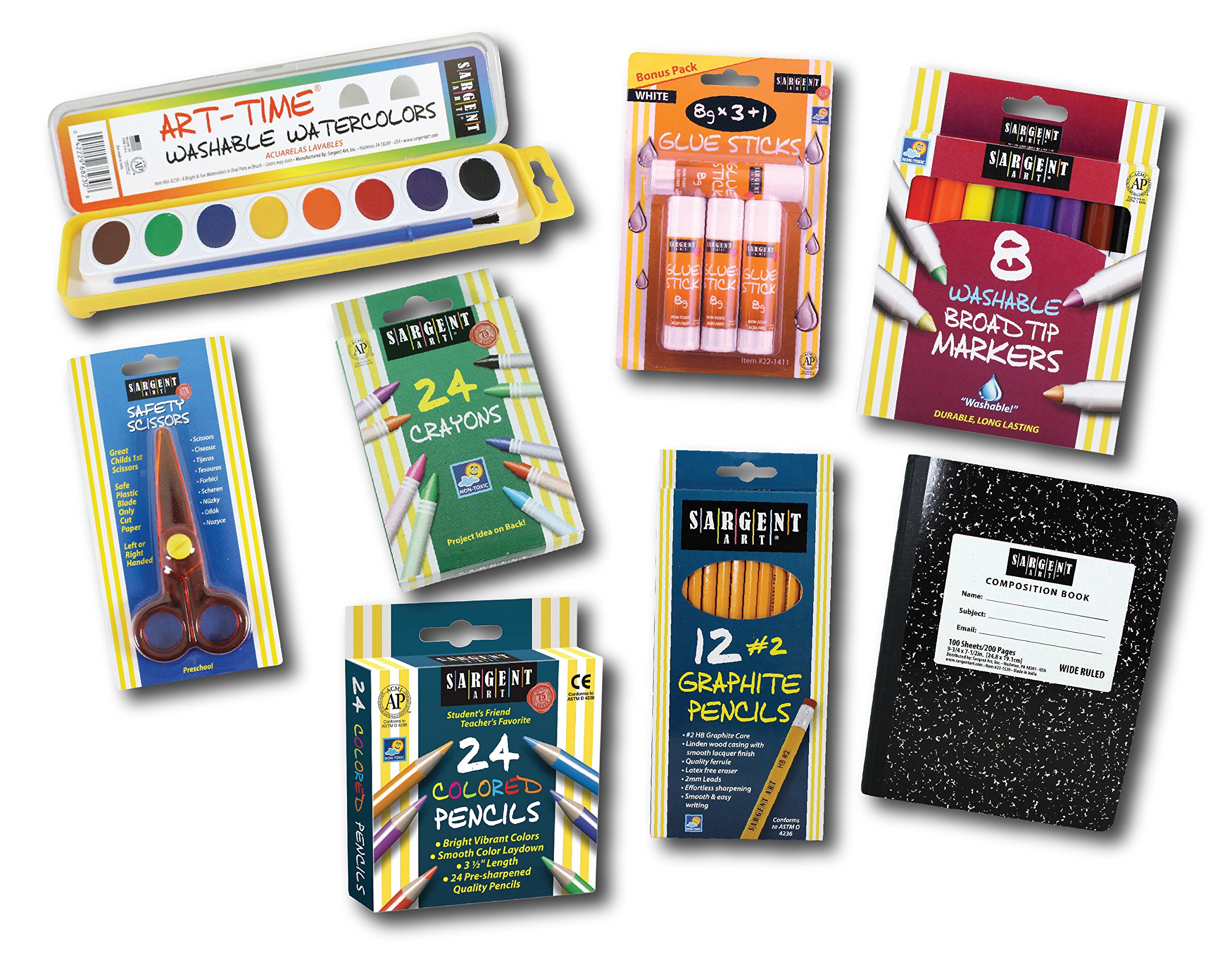Sargent Art 22-0050 Back to School Essentials Kit 8pc Art Activity Set, Colored, Watercolor Paints, Crayons, Markers, Glue Sticks, Graphite Pencils, Composition Book, Safety Scissors