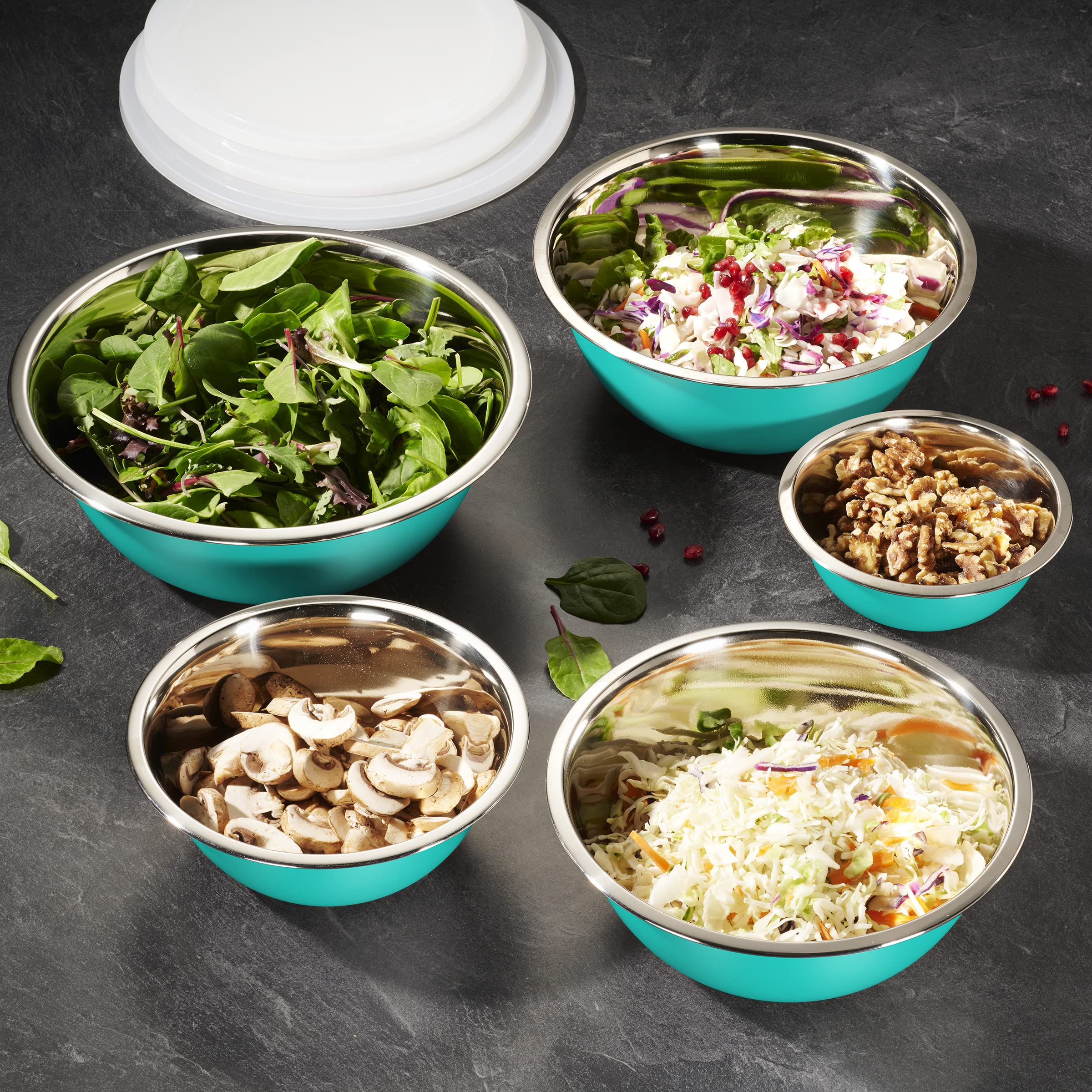 WHYSKO Juego de cuencos de acero inoxidable con tapas, 5 tamaños de cuencos para mezclar anidables para tu cocina, preparación de comidas, cocinar, hornear y almacenar alimentos (cuencos azules con