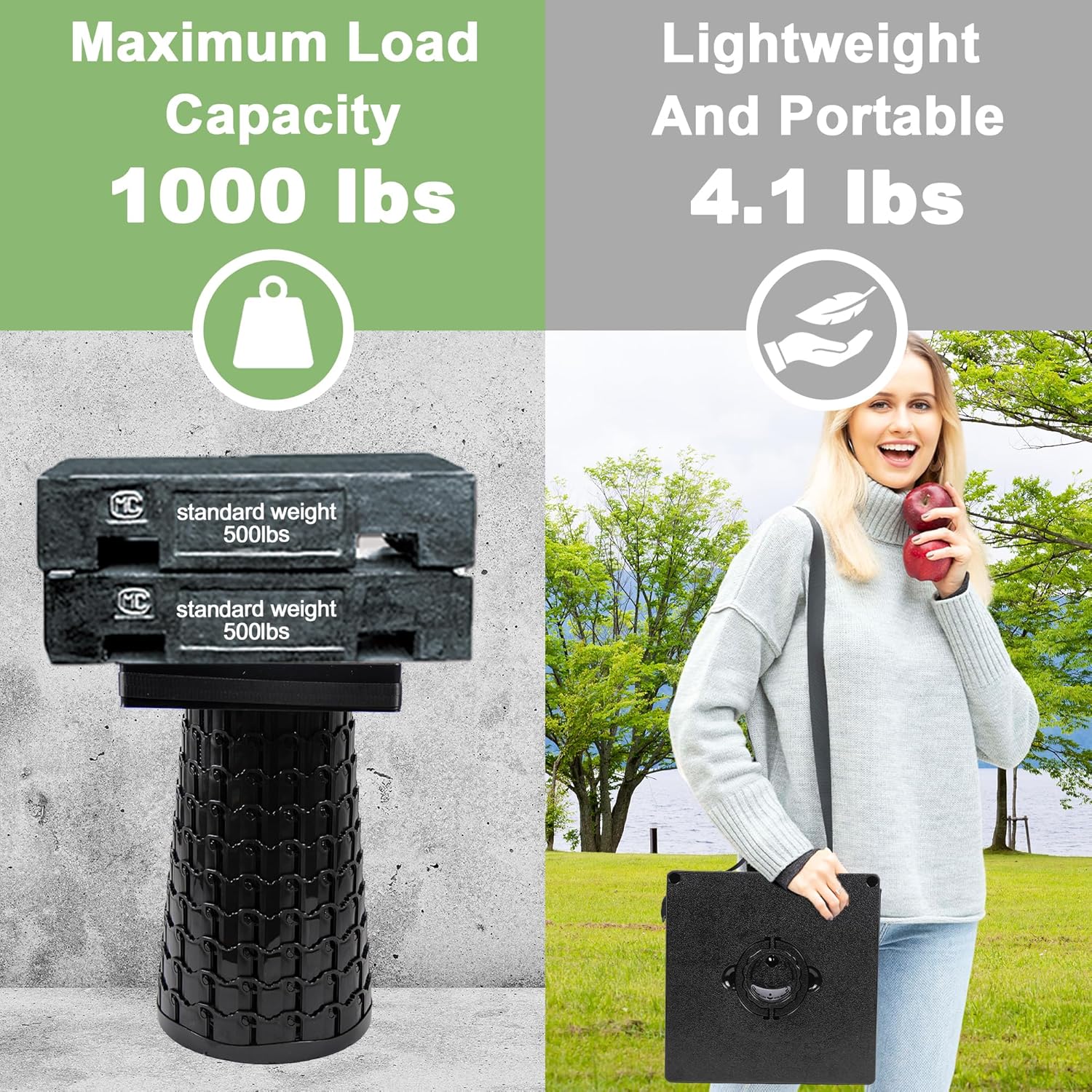 ALEVMOOM 2026 Upgraded Collapsible Stool with Backrest, Cushion & Bag, Portable Telescopic Stool Heavy Duty Load Capacity 1000lbs, Square Folding Chair for Camping Gardening Fishing Hiking BBQ