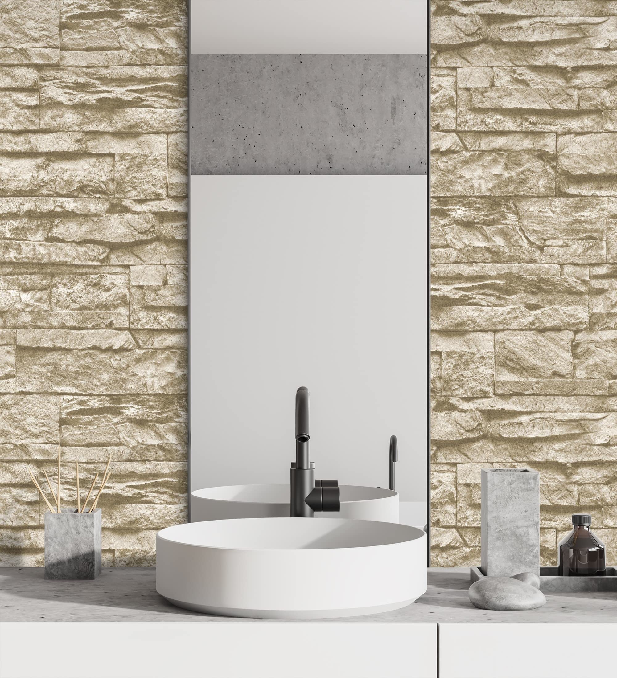 GAULAN 453146 - Carta da parati lavabile in vinile imitazione pietra ardesia beige texture in rilievo 3D per pareti soggiorno cucina bagno sala da pranzo - Rotolo di 10 m x 0,53 m