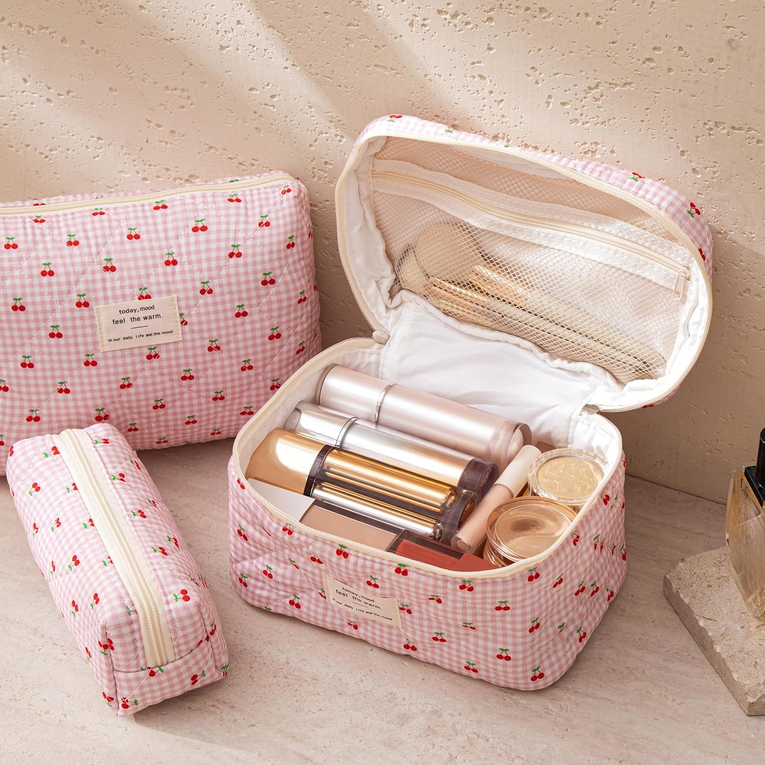 HBselect Quilted Makeup Bag, 3Pcs Cotton Large Travel Makeup Bags Organizer image 2