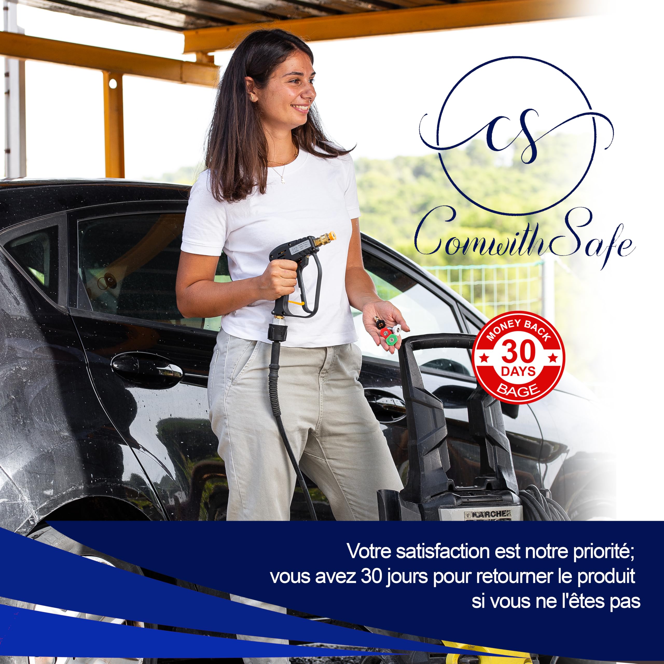 ComwithSafe Pistolet de Lavage Haute Pression+ Coupleur pivotant, 6 buses 1/4"- Pistolet 4000 PSI de Nettoyage pour Voiture - Int M22-14mm, Adaptateur pour Karcher K1-K7, filtre eau,guide inclus