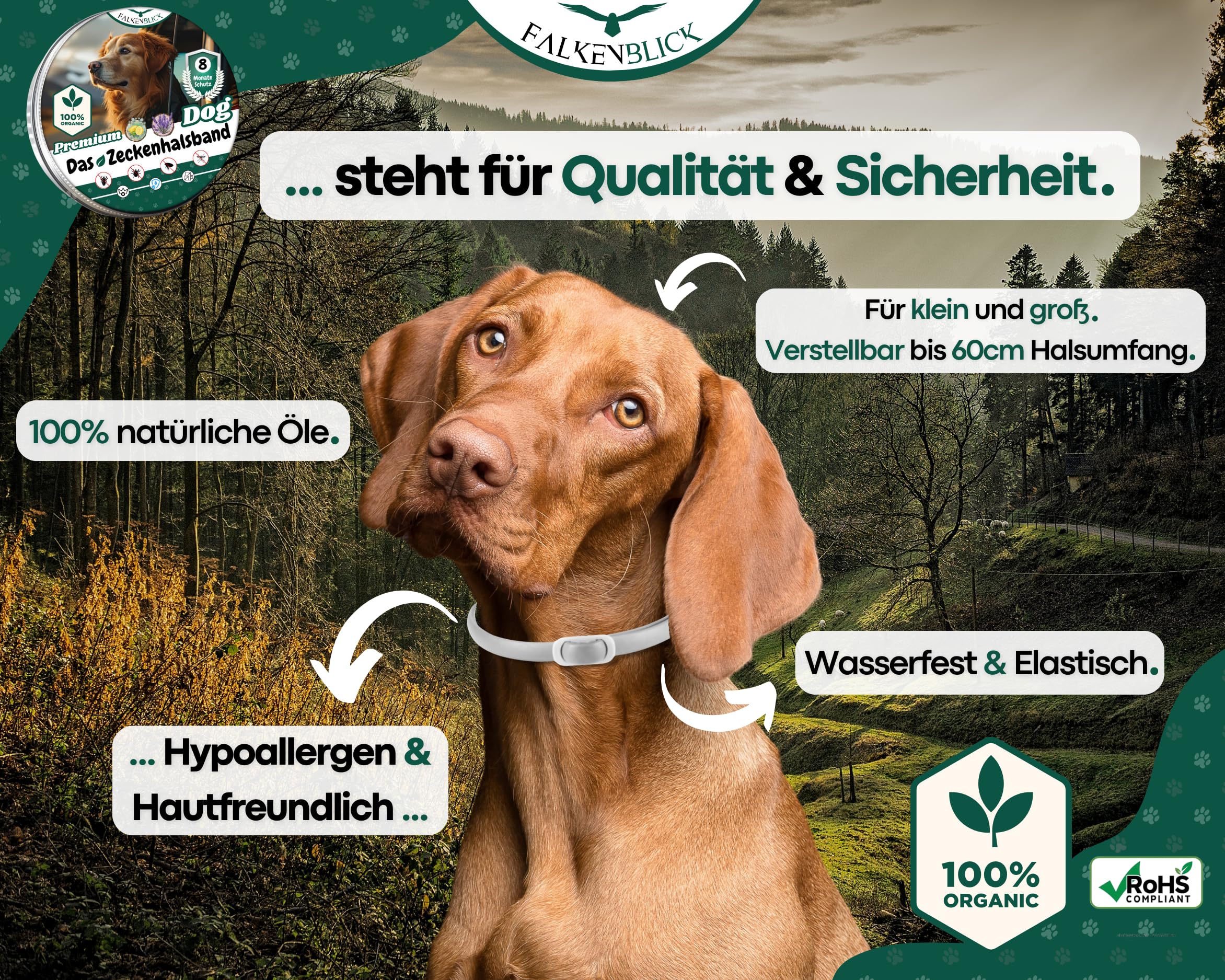 Das Zeckenhalsband für Hunde 100% Pflanzliches Premium Öl 2026 | Wirkungsvoller Schutz gegen Zecken Flöhe Mücken Läuse Ungeziefer Lavendel Zitroneneukalyptus - 8 Monate Wirkungsdauer