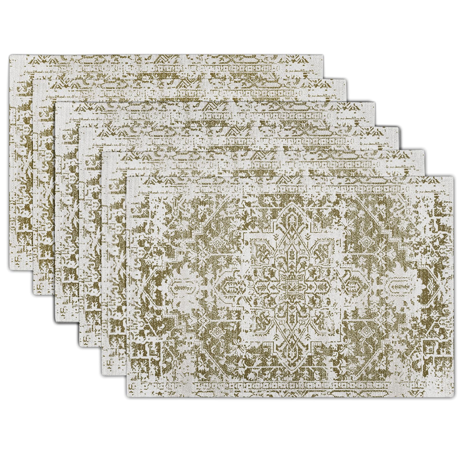 Gray Olive Green Boho Placemats Set of 6 Ethnic Bohemian Carpet Place Mats Washable Kitchen Dining Vintage Grey Geography Floral Linen Table Mats Stain Heat-Resistant for Home Party Indoor 12x18 in