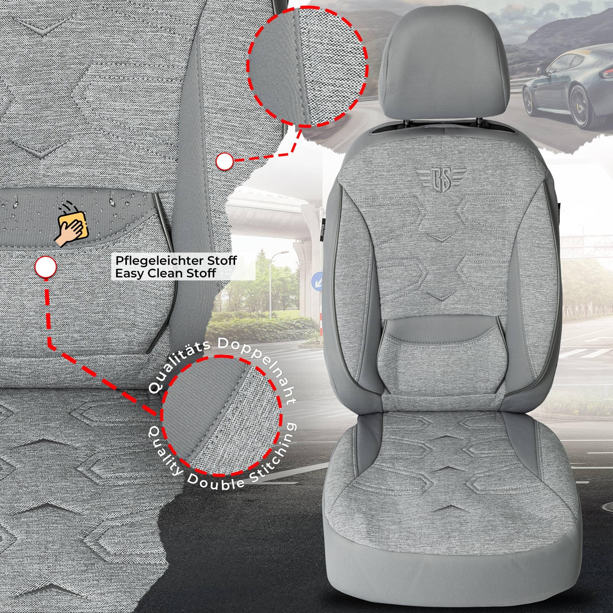 Autositzbezüge Universal für PKW, SUV – Premium Vordersitzbezüge Grau, hochwertig verarbeitet für mehr Sitzkomfort, Airbag-kompatibel, Schonbezüge für Fahrer & Beifahrersitz mit Rückentasche