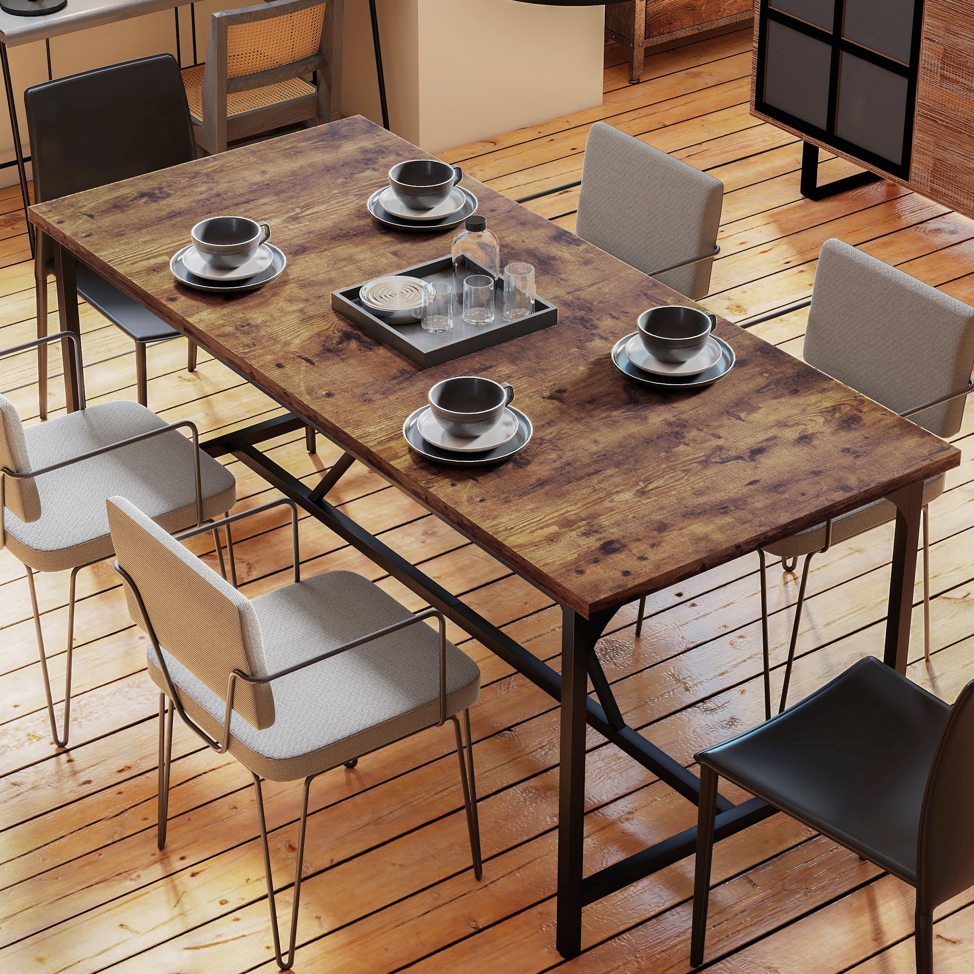 HOMCOM Mesa de Comedor Rectangular 180x80x75,5 cm Marrón Rústico | Para 6-8 Personas, Mesa de Cocina Industrial, Tablero Grueso, Patas de Metal