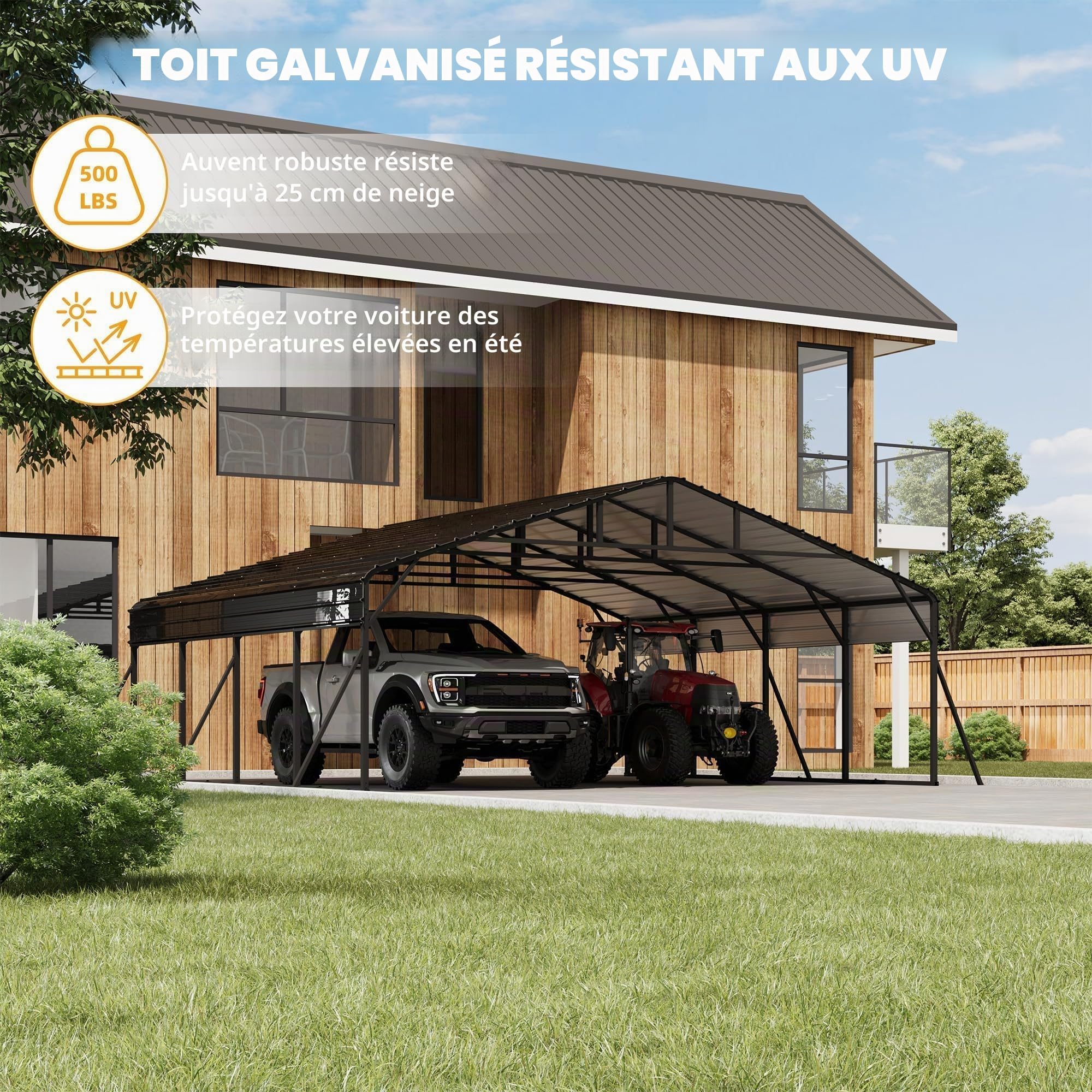 Garvee Bri Voiture 20x20 Robuste, Garage Externe en Métal avec Toit Acier Galvanisé, Haut Abri pour Voiture, Camion, Tracteur Et Camping-Car