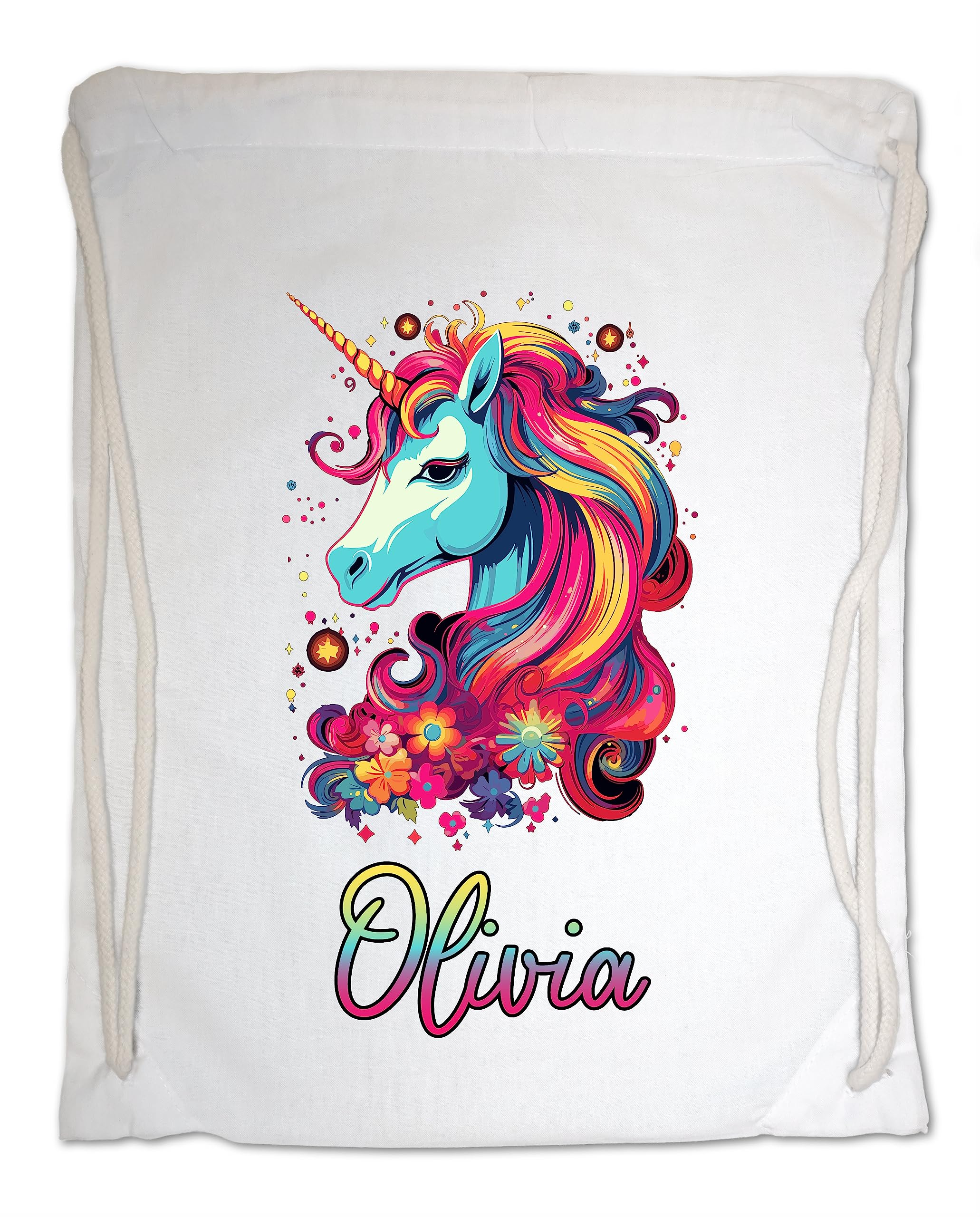 Kids Gym Bag. Personalised Any Name Neon Mane Unicorn Swimming PE School Sports Bag. Boy or Girl, Birthday Gift. Christmas. Back to School (White)