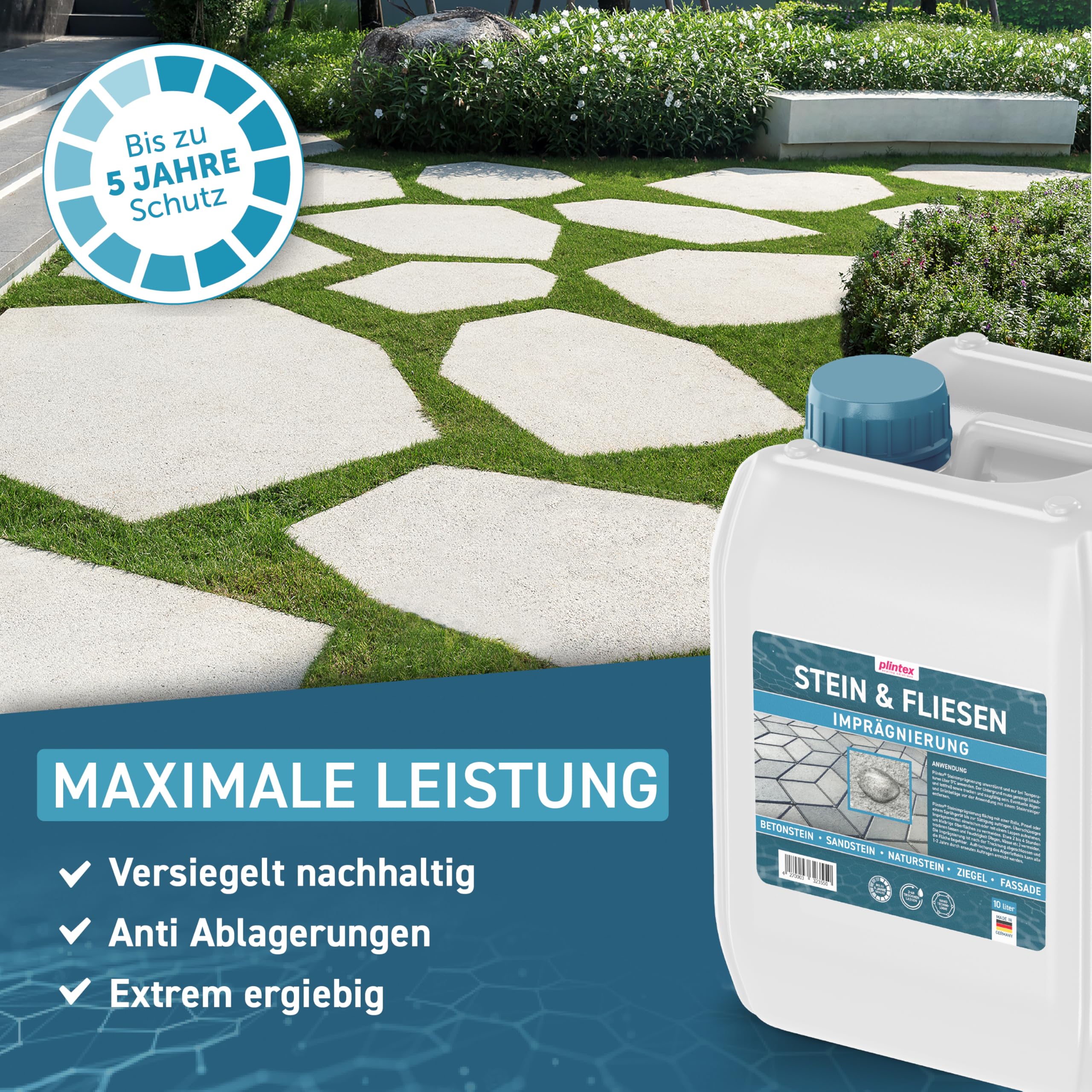 PLINTEX® Steinimprägnierung Außen & Innen 5 L für ca 40-60m² - Universelle Fassaden & Stein Imprägnierung für Naturstein, Beton, Granit & Pflasterstein - Stein-Versiegelung I Made in Germany