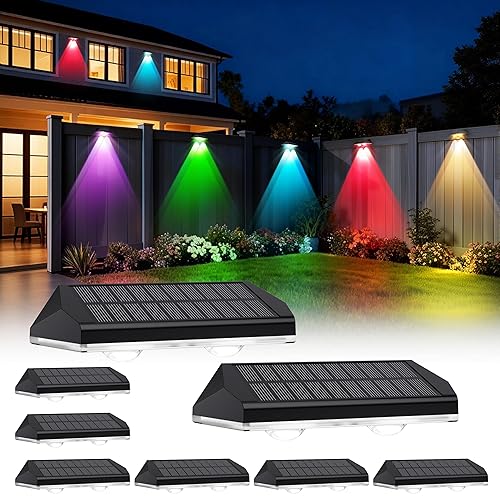 Solar Fence Lights Outdoor, 8 Modes Warm & RGB 6