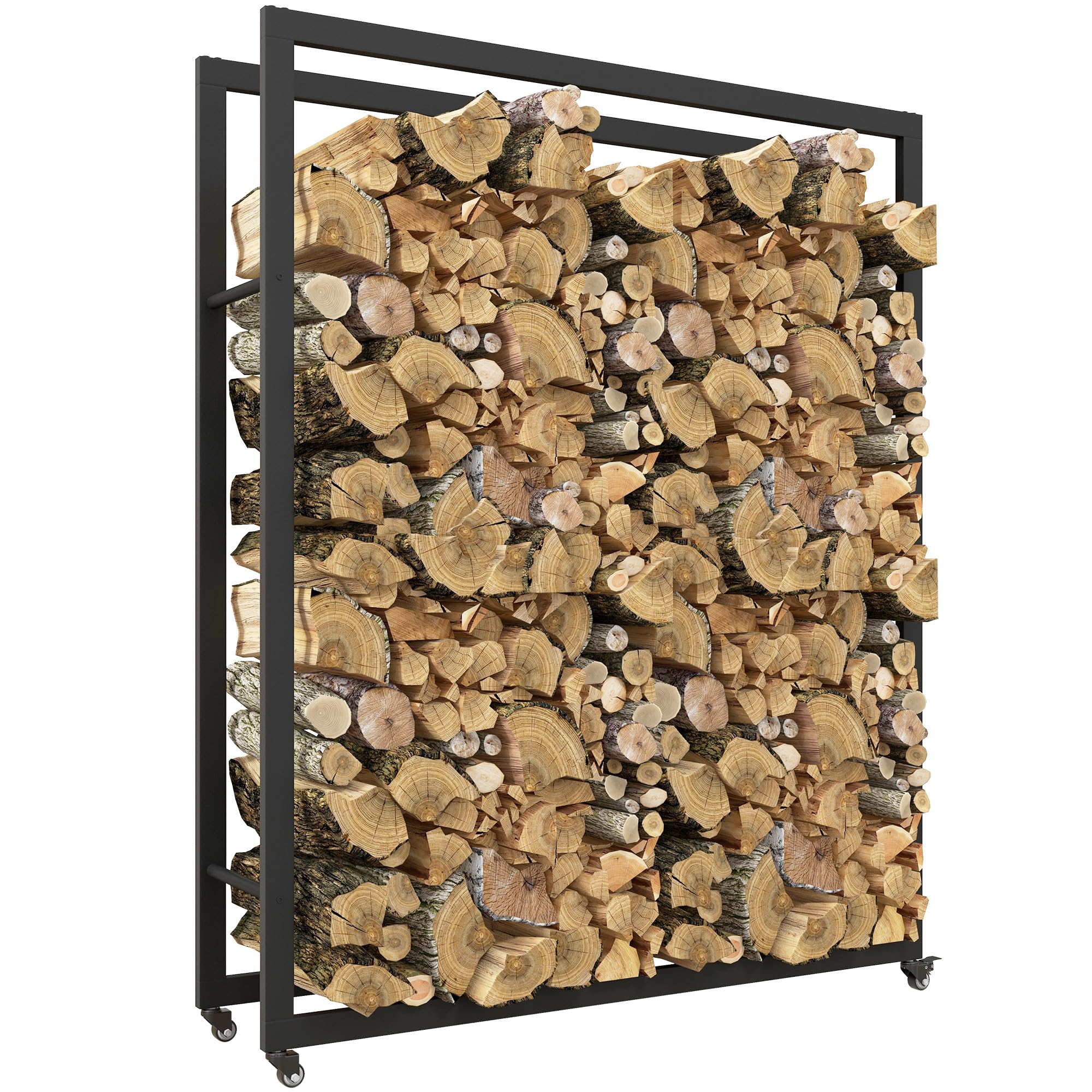 Outsunny Scaffale Portalegna da Esterno e Interno con Ruote, Legnaia in Metallo Rinforzato, 0.43m³, 120x32x151cm, Nero
