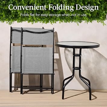 Best Choice Products 3-Piece Patio Bistro Dining Furniture Set w/Glass Tabletop, 2 Folding Chairs, Steel Frame, Polyester Fabric - Gray
